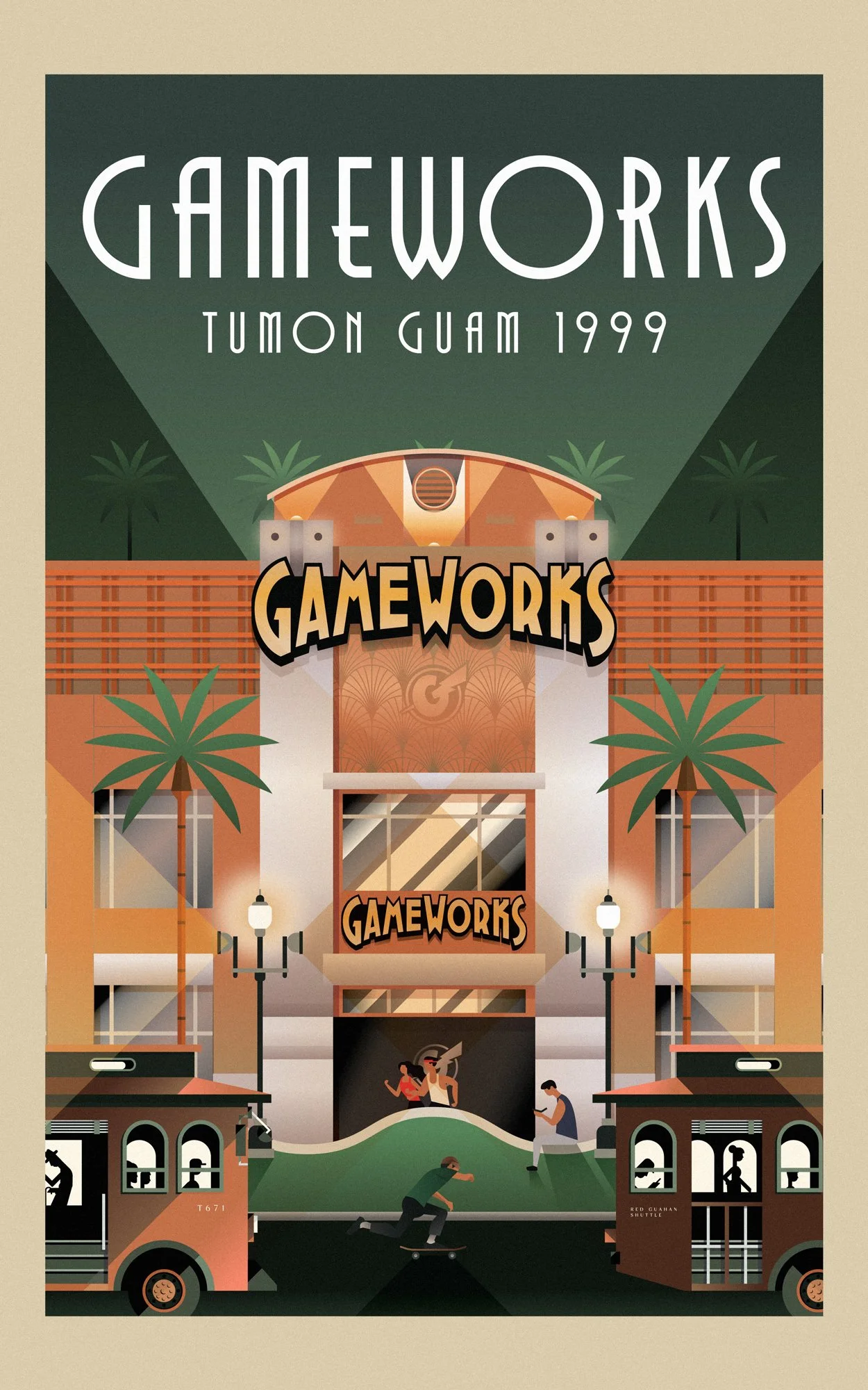 Digital illustration of the GameWorks building in Tumon, Guam, showing a modern architectural design with palm trees, street lamps, and people engaging in outdoor activities.