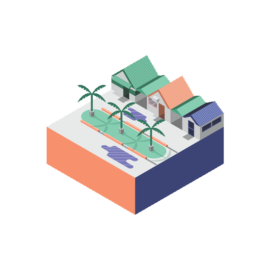 Illustration of a small neighborhood with three houses, each with a different colored roof, and a street lined with three palm trees and benches, next to a small body of water or pond.