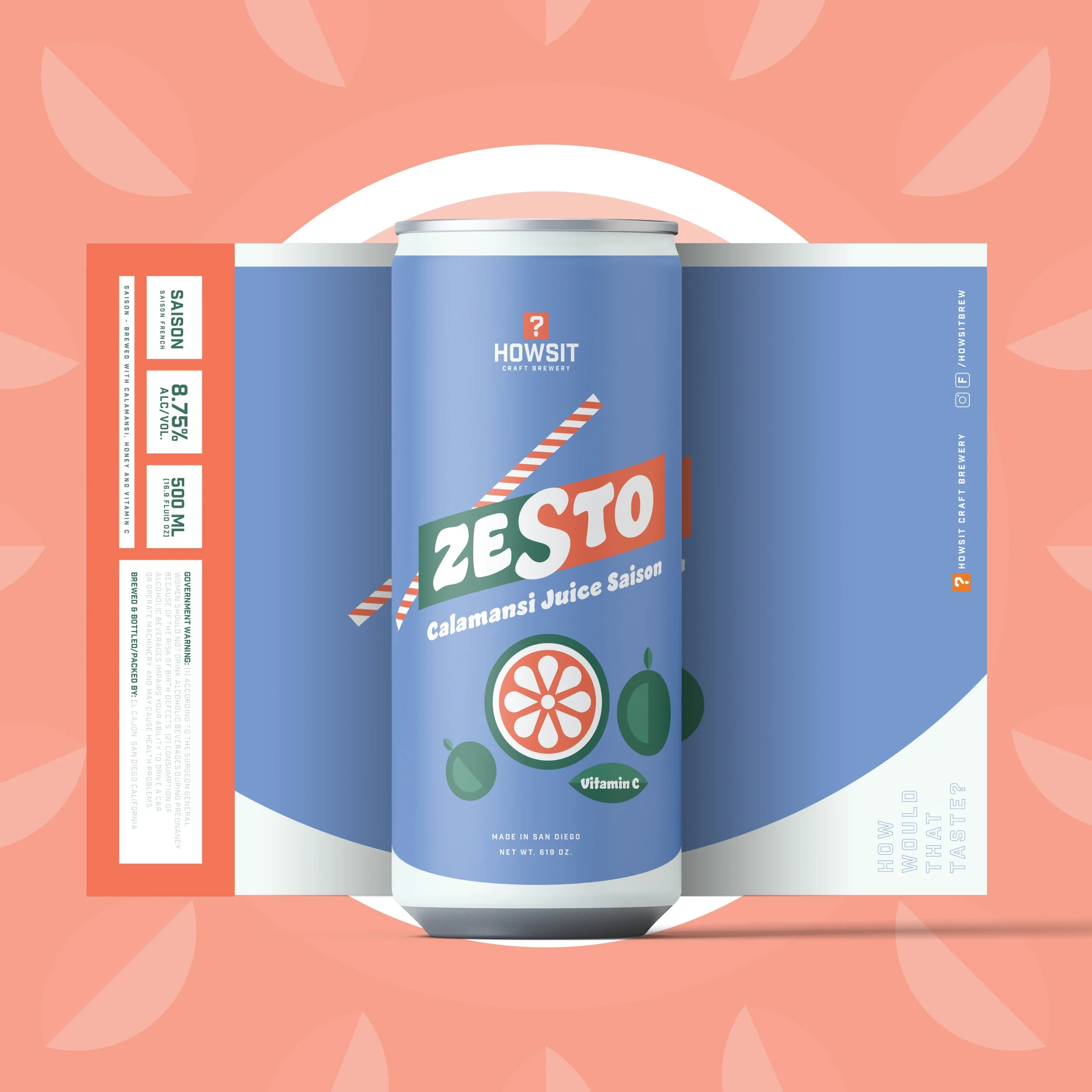 A can of Calamansi Juice Saison by Howsit Craft Brewery with a light blue body and white top, featuring a label with an orange and green logo of a calamansi fruit and text indicating it is made in San Diego, with net weight of 619 ounces, against a p