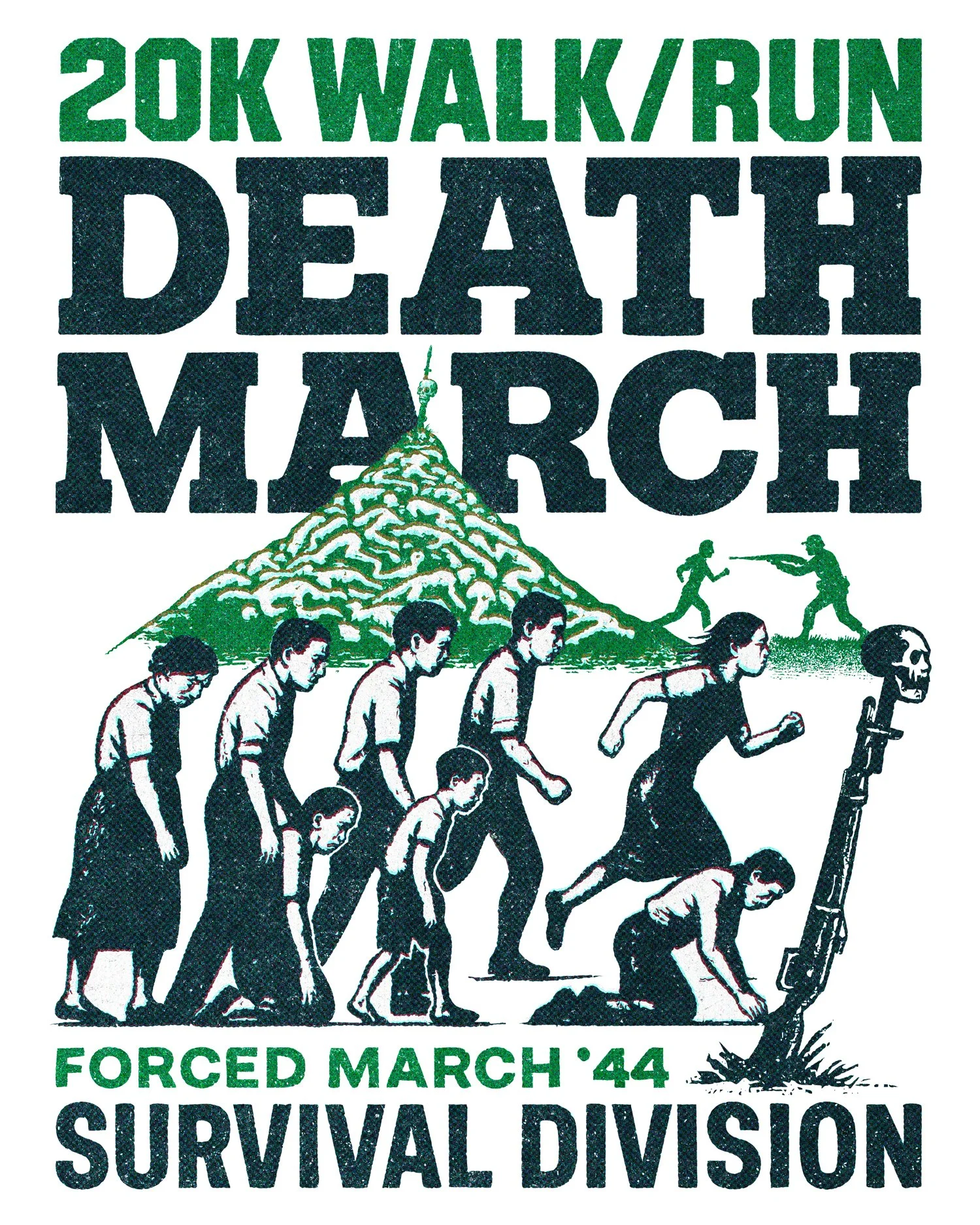 Graphic poster for the March 44 Forced March Survivor Division, depicting a line of people in various stages of bending or kneeling, with a mountain in the background and two figures fighting with a spear and a gun.