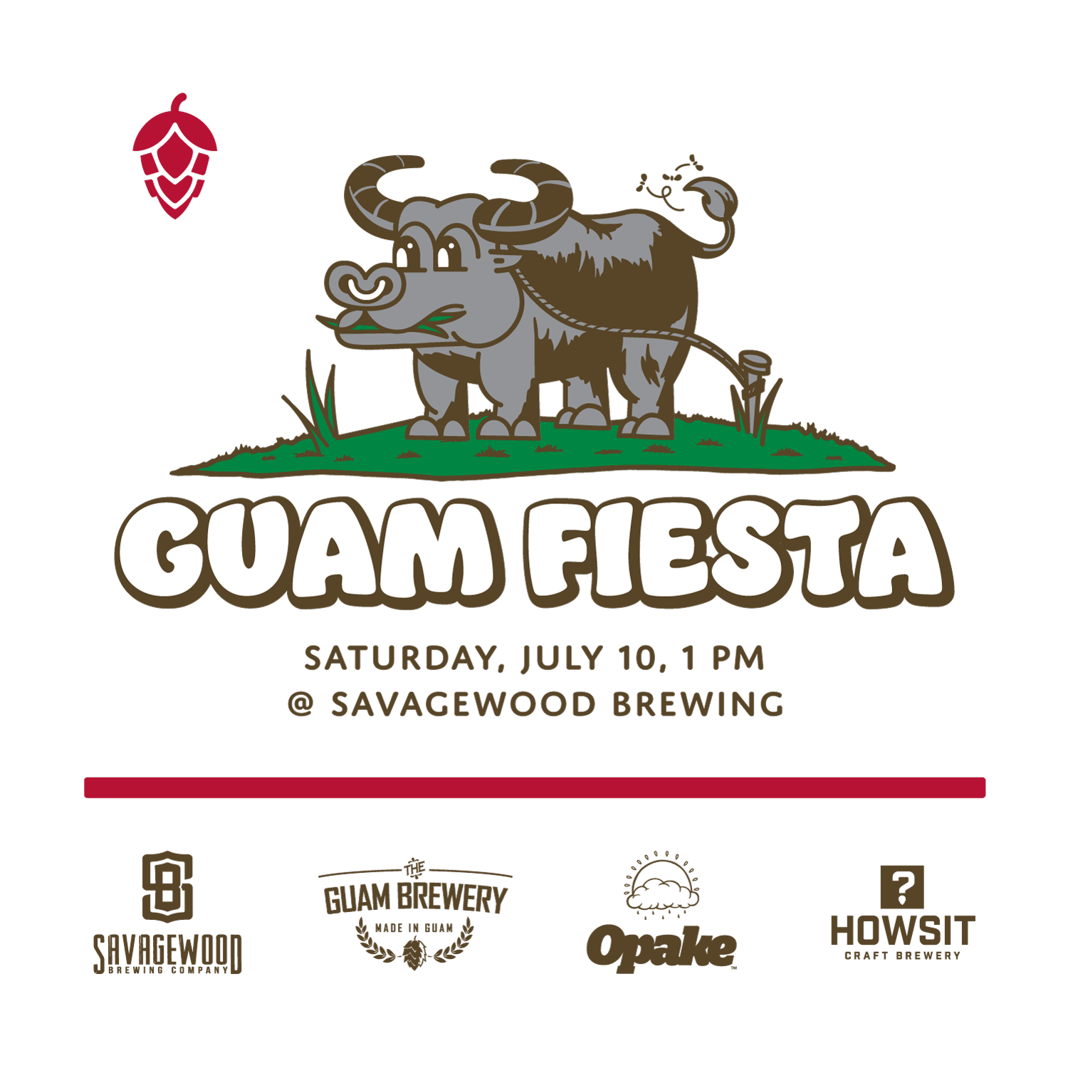 Event poster for Guam Fiesta featuring a cartoon buffalo with large horns, standing on grass with a hop plant in its mouth. Details include date, time, and location, along with logos of local breweries.