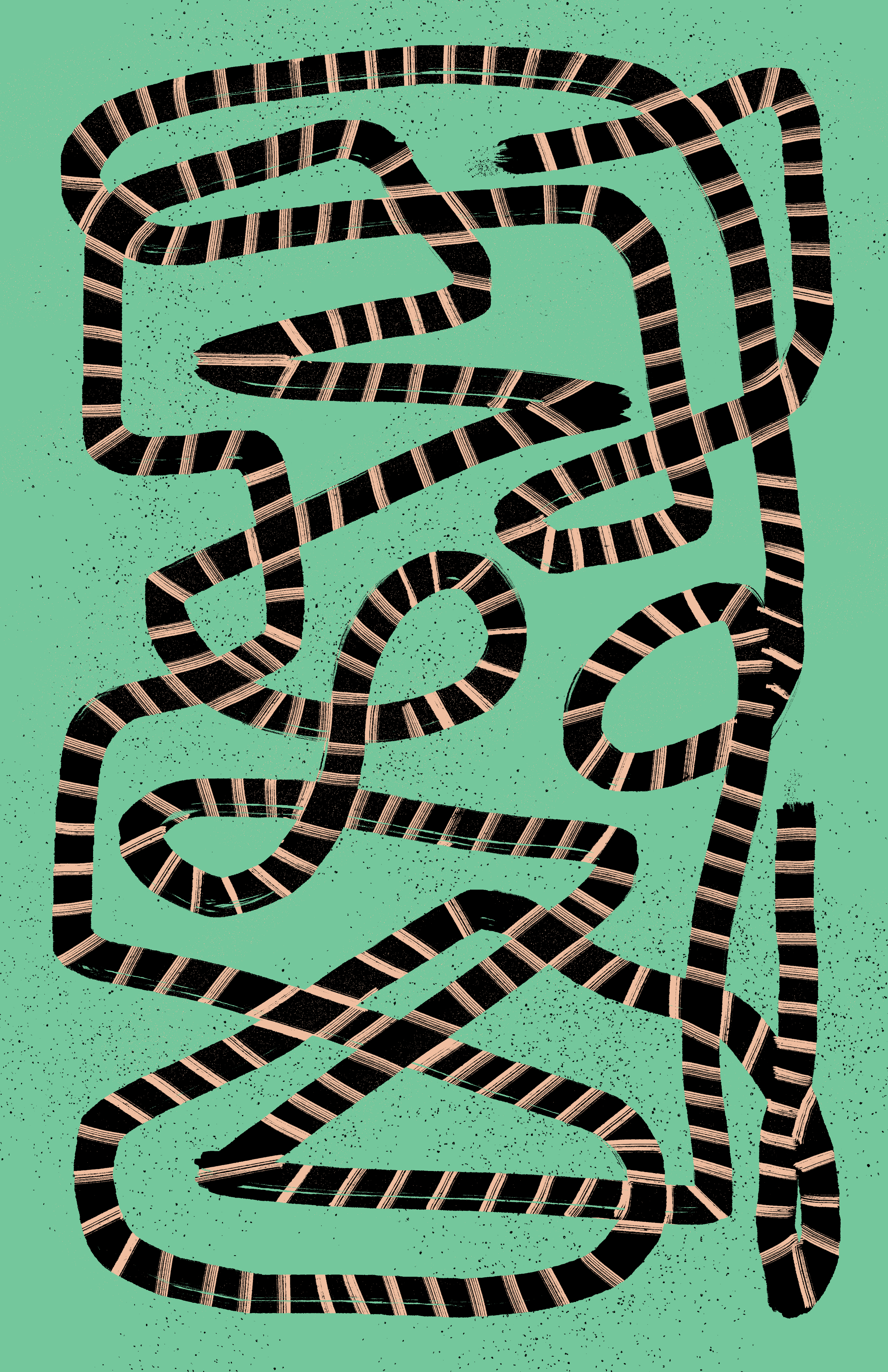 An illustrated snake with black and beige stripes slithers on a green background with black specks.