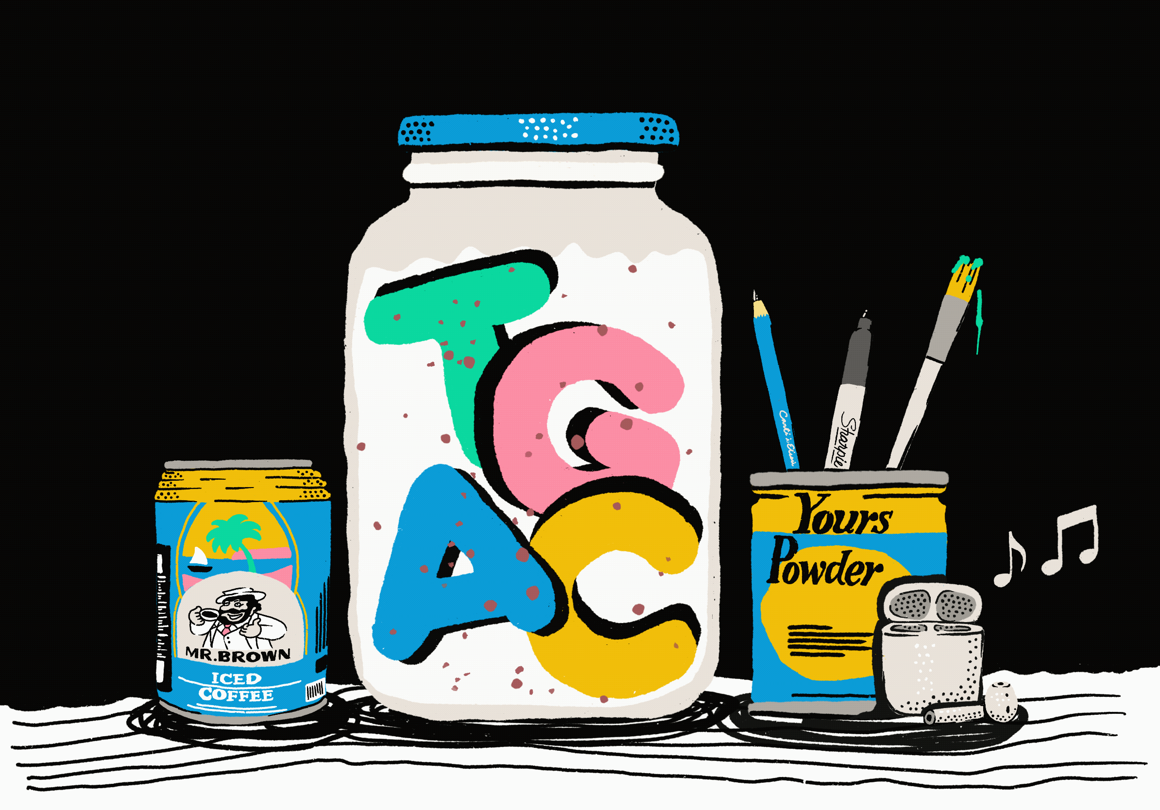 A collection of illustrated objects including a jar, a can of Mr. Brown Iced Coffee, a box of powdered drink mix labeled "Yours" and "Powder", a container with dots, and a cup of coffee, all arranged on a wooden surface. The background is black.