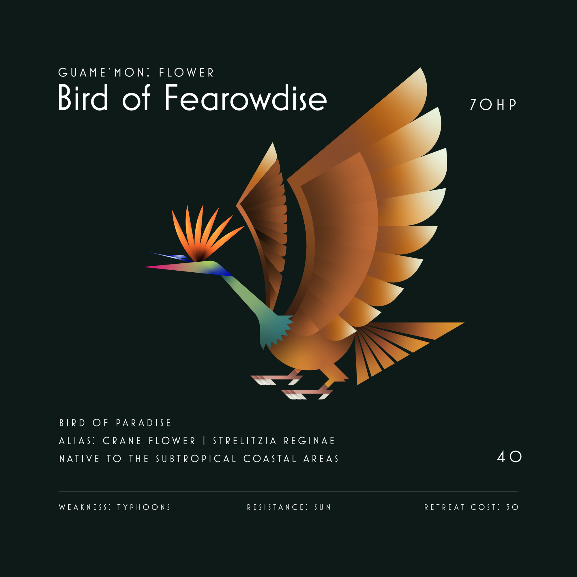 Digital illustration of a bird with colorful, stylized feathers, labeled as 'Bird of Paradise' with scientific name 'Strelitzia reginae'.