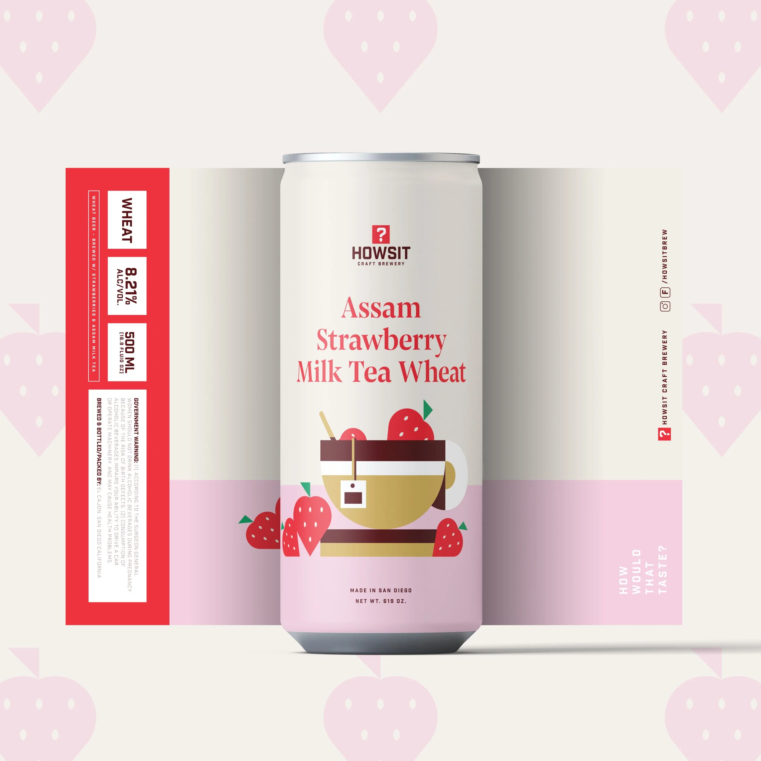 A label on a drink container with the name "Howsit" and description "Strawberry Milk Tea Wheat," showing strawberries and a straw in the illustration, with additional text about ingredients and origin.
