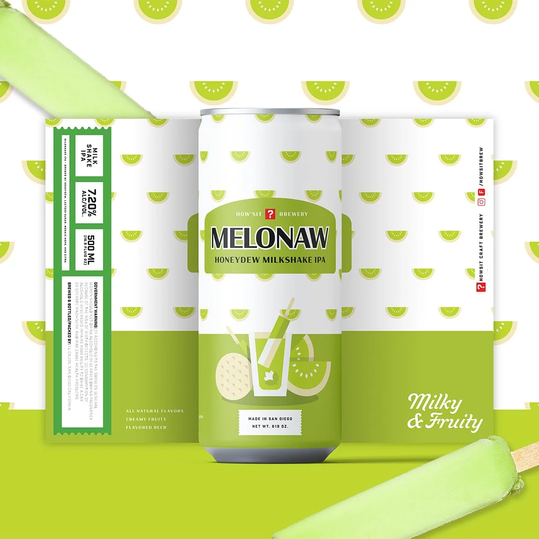 A can of Melonaw Honeydew Milkshake IPA with a green and white label featuring illustrations of a milkshake and melon slices, set against a background with small melon slice patterns and an ice cream bar with a melon flavor.