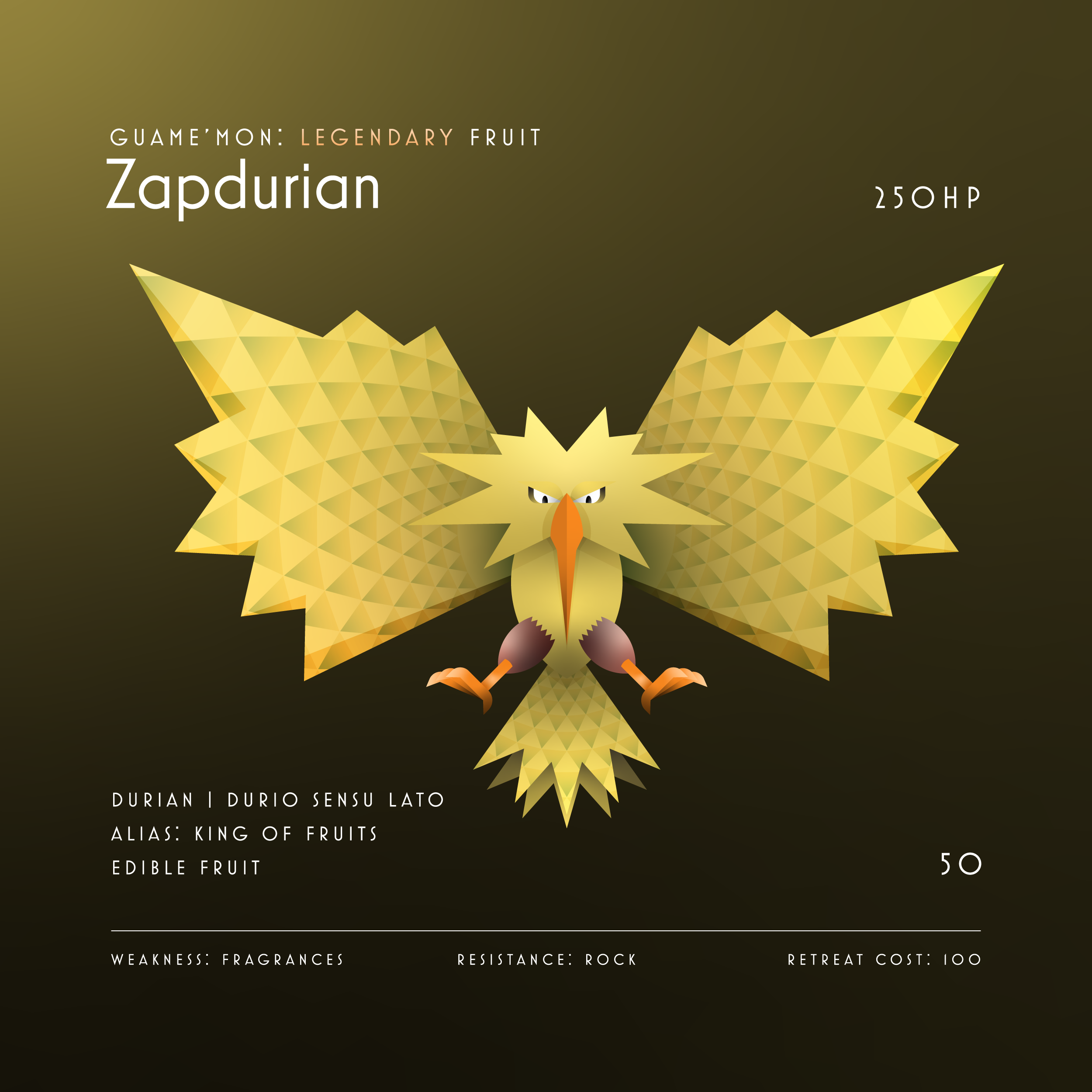 Digital illustration of a yellow, faceted, polygonal owl with a stern expression, positioned centrally on a dark olive-green background. The owl's wings are spread wide.