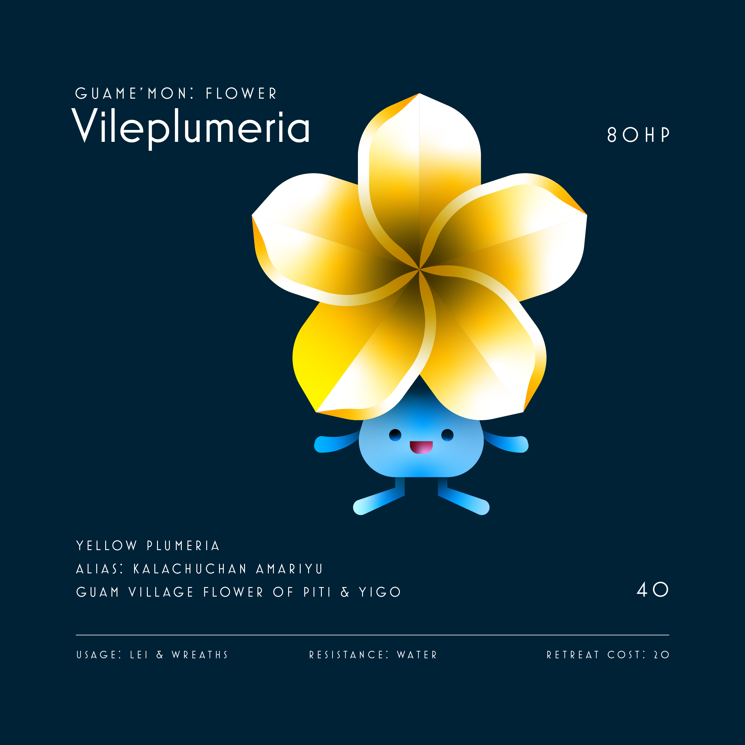 Artwork of a stylized yellow plumeria flower with blue character below it, set against a dark blue background. Contains text about a flower species, its usage, resistance, and retreat cost.