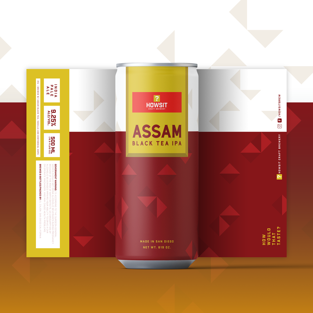 Can Beverage can labeled Assam Black Tea IPA from HowSit Craft Brewery, with packaging in the background.