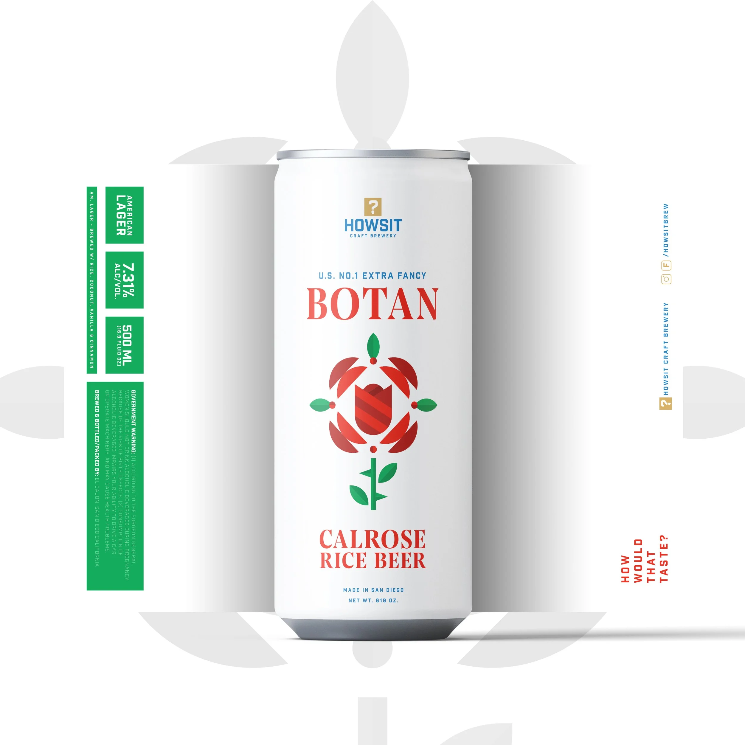 A white beverage can with a colorful floral design and the text 'HowSit Craft Brewery'. The can is surrounded by various colorful labels indicating flavors and alcohol content, with some text blurred.