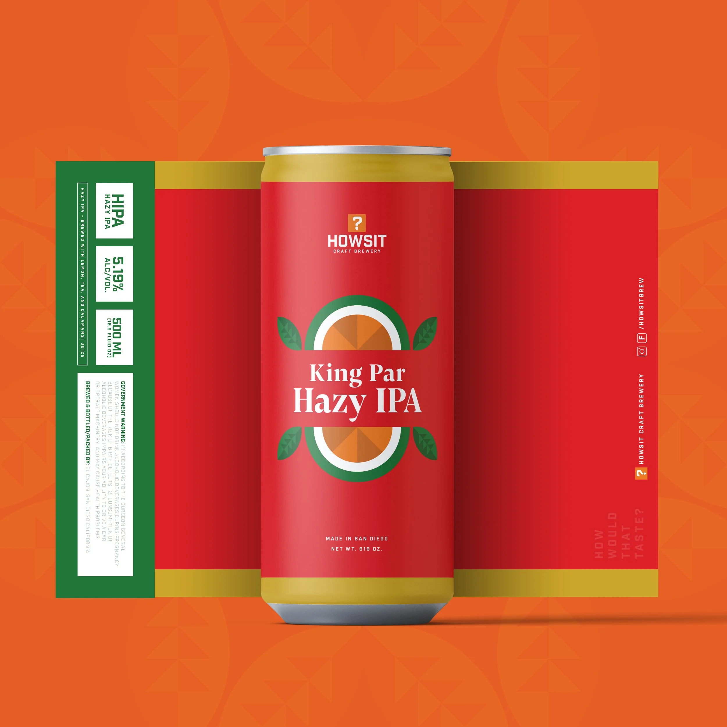 A can of King Par Hazy IPA craft beer with orange, green, and red packaging, displayed against an orange background with geometric patterns.