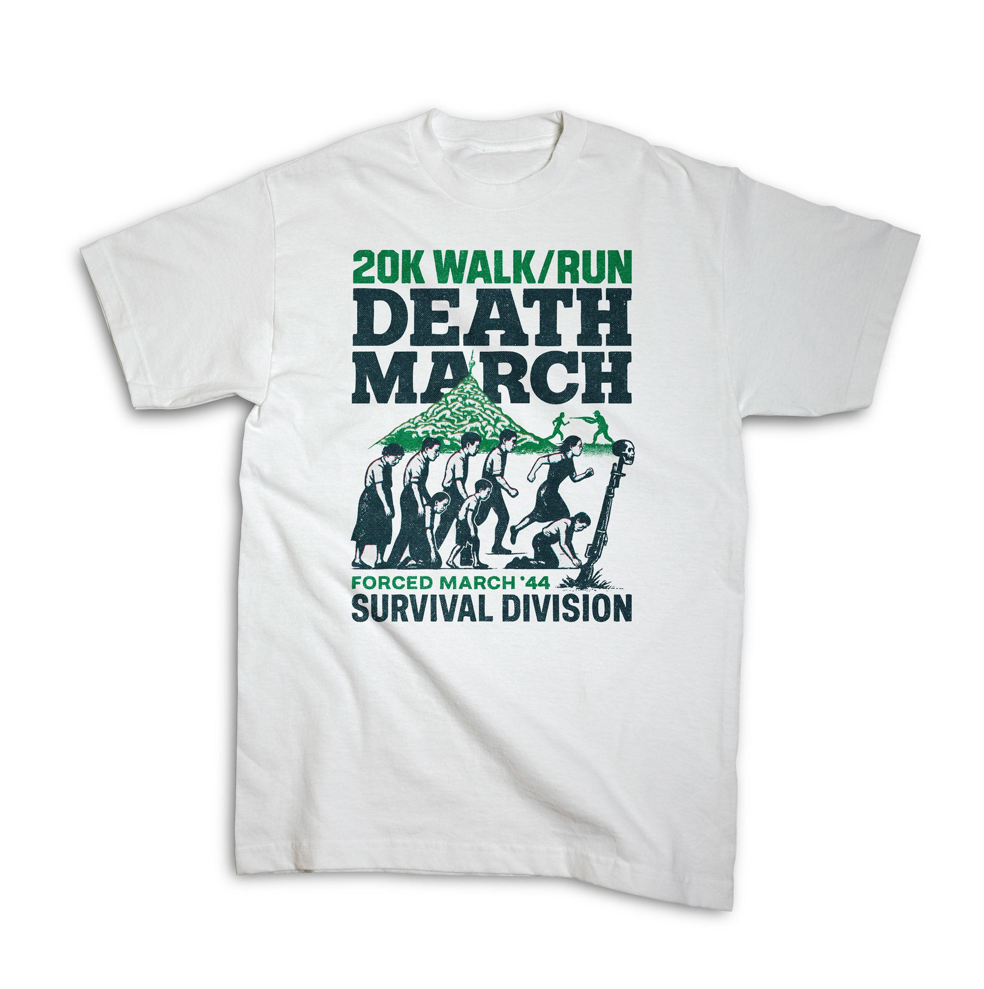 White T-shirt with a graphic and text related to the 20K Walk/Run Death March event, including a mountain illustration and marching figures.