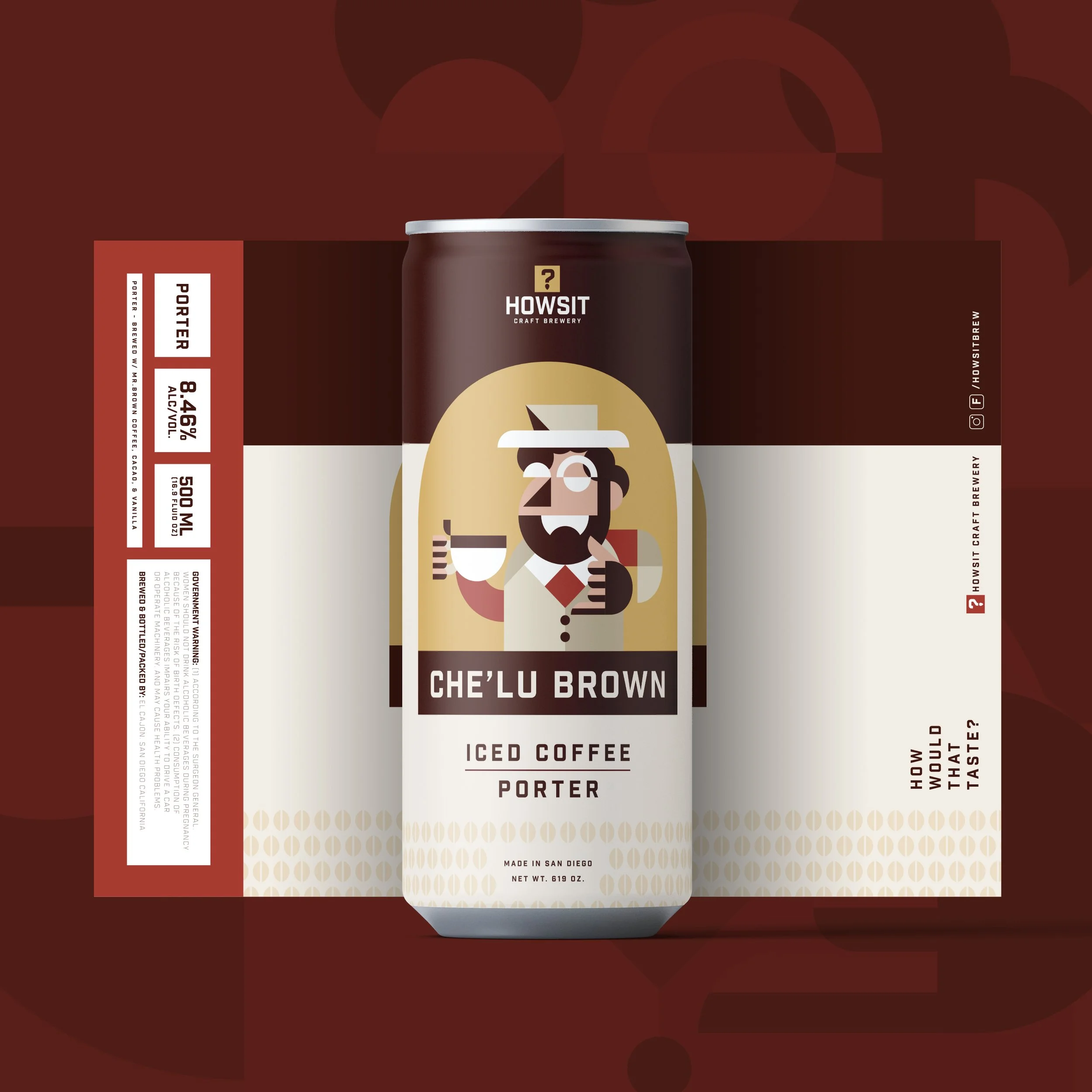 A can of HowSit craft brewery iced coffee porter in front of its packaging on a red background.