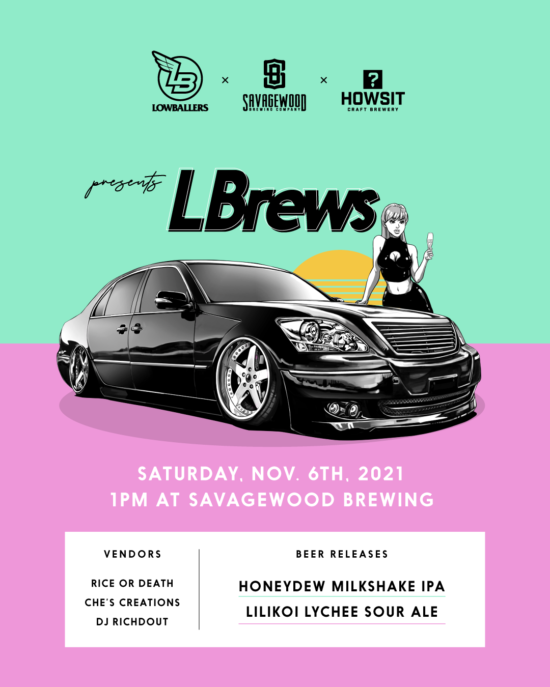 Event poster for LBrews at Savagewood Brewing on Saturday, November 6th, 2021 at 1 PM, featuring a black car, a woman holding a glass, and information about vendors and beer releases.