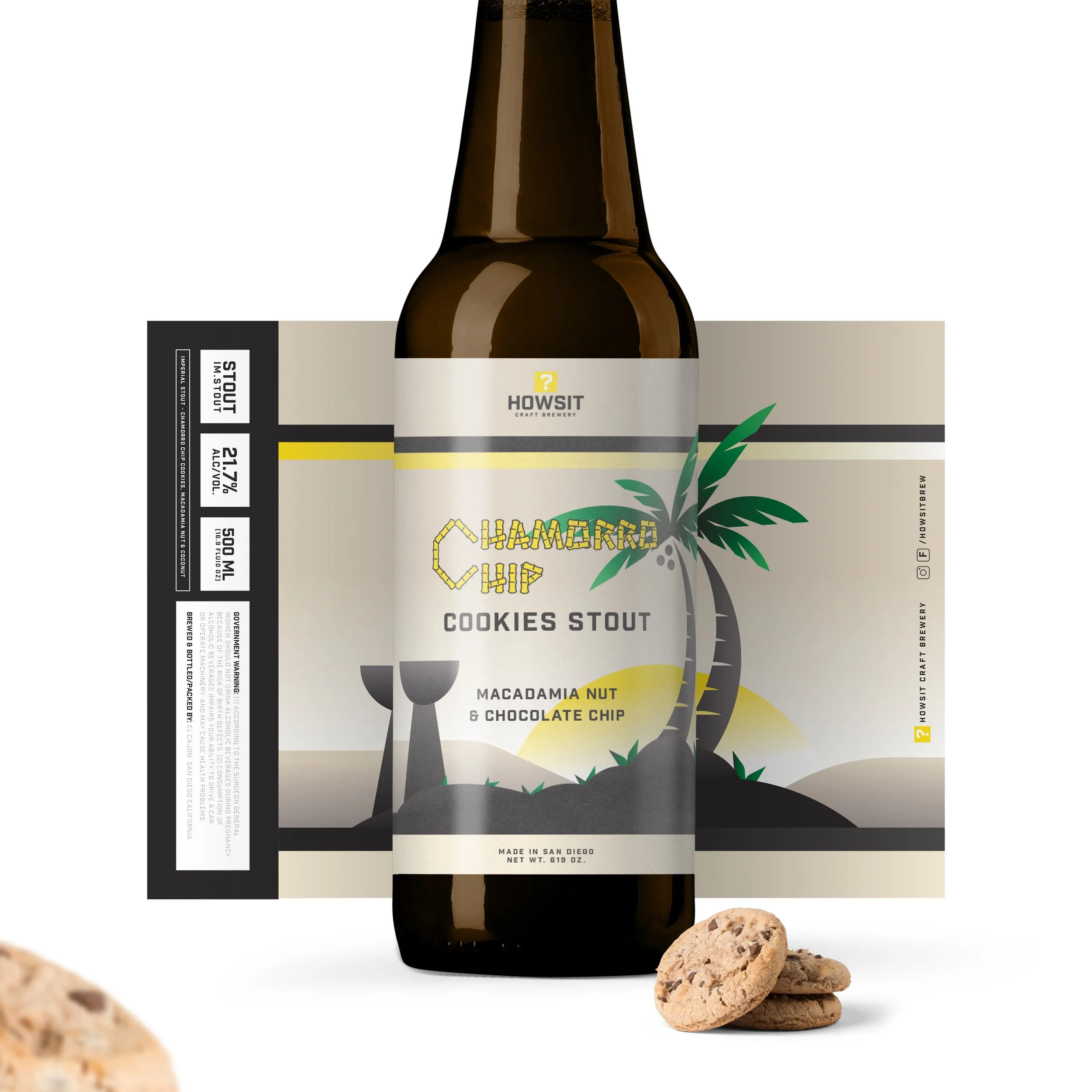 A bottle of Howsit Cookies Stout craft beer with cookies beside it, against a white background.