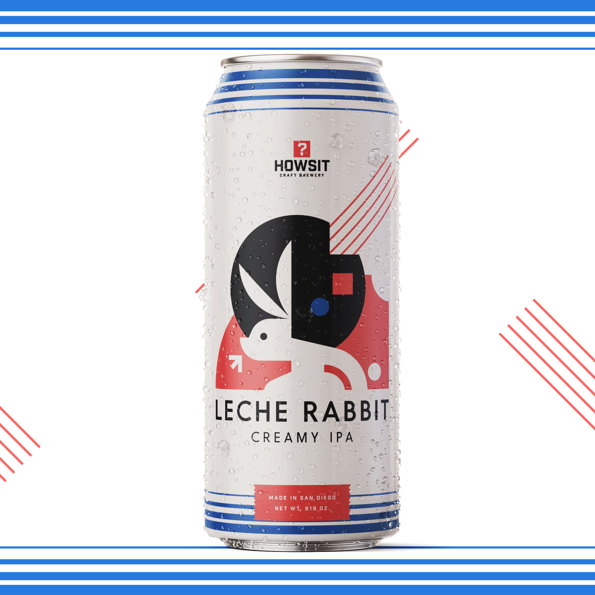 A can of Howsit Lemon Rabbit craft brewery's creamy IPA with condensation and water droplets on the surface, featuring blue and red stripes, and text indicating it is made in San Diego, with a net weight of 619 ounces.
