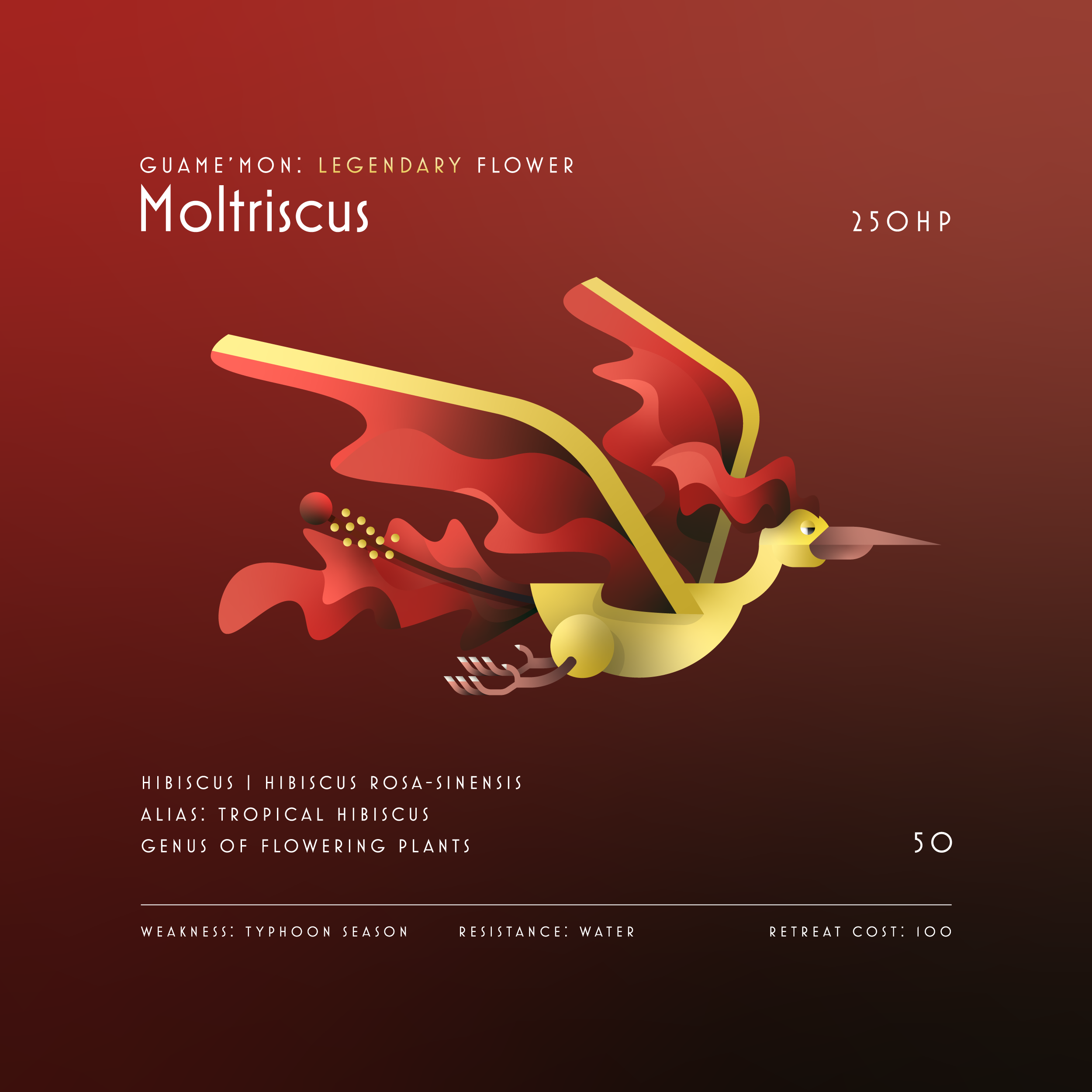 Digital illustration of a hibiscus flower, showing detailed petals and reproductive structures, in shades of red, yellow, and green, with informational text about the flower's scientific classification and characteristics.
