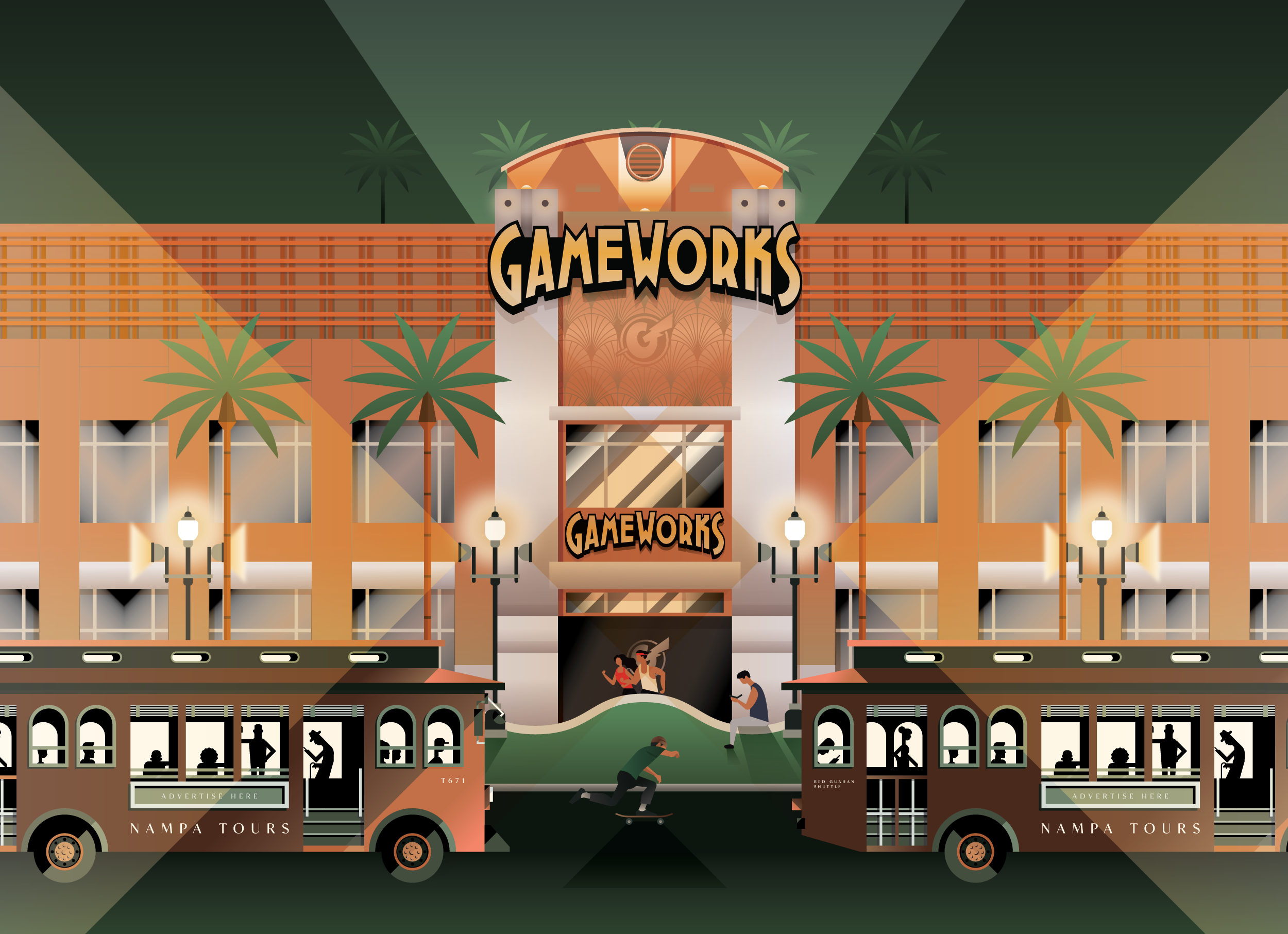 An illustrated building resembling a concert venue or arcade with palm trees, skateboarders, and people outside. The sign reads 'GAMEWORKS' and there are banners for 'NAMPA TOURS'.
