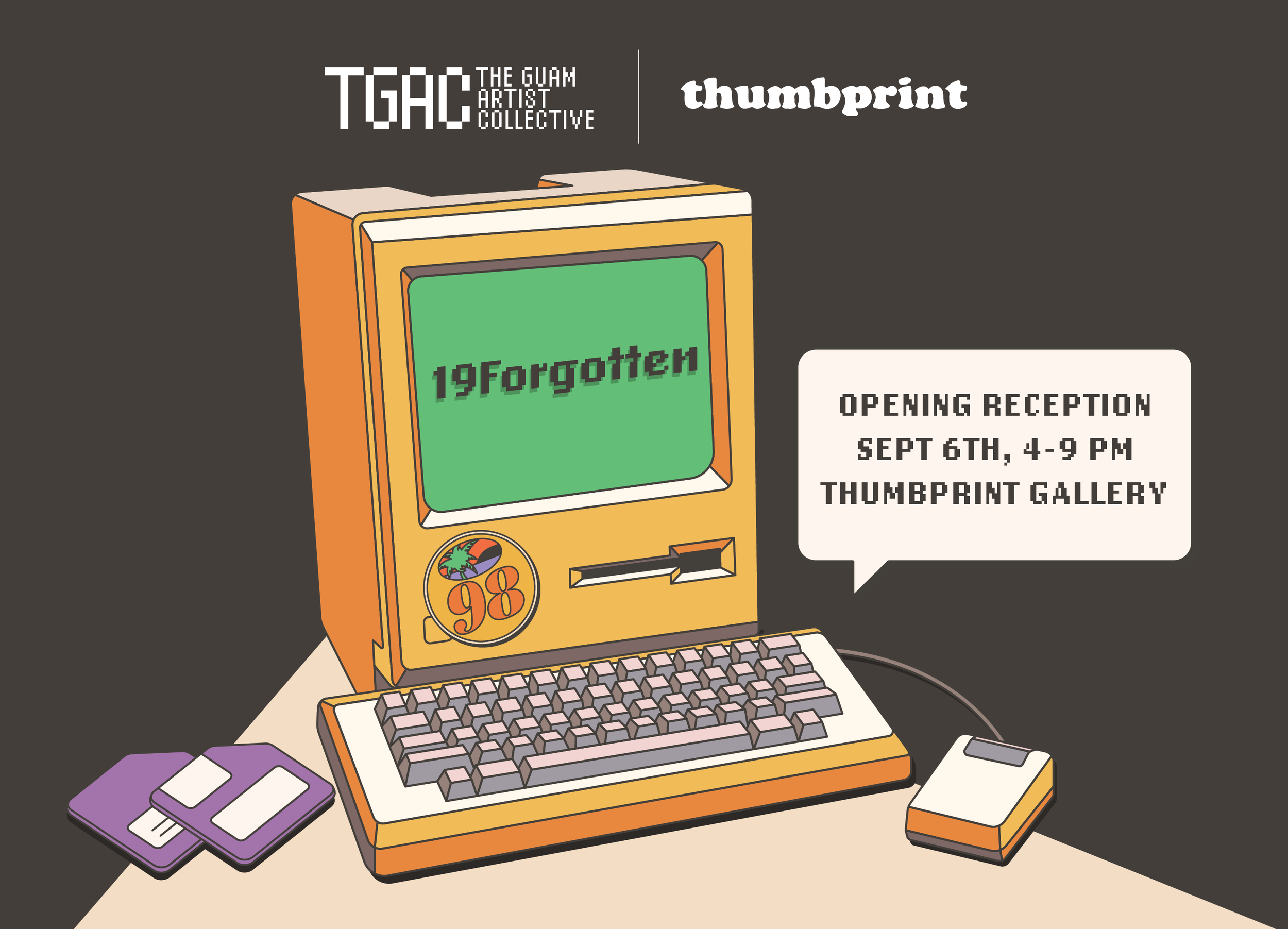 Digital illustration of a computer workspace with a vintage yellow desktop computer, a keyboard, a mouse, and floppy disks on a beige desk. The monitor displays the text '19Forgotten' and is associated with an event announcement for an opening recept
