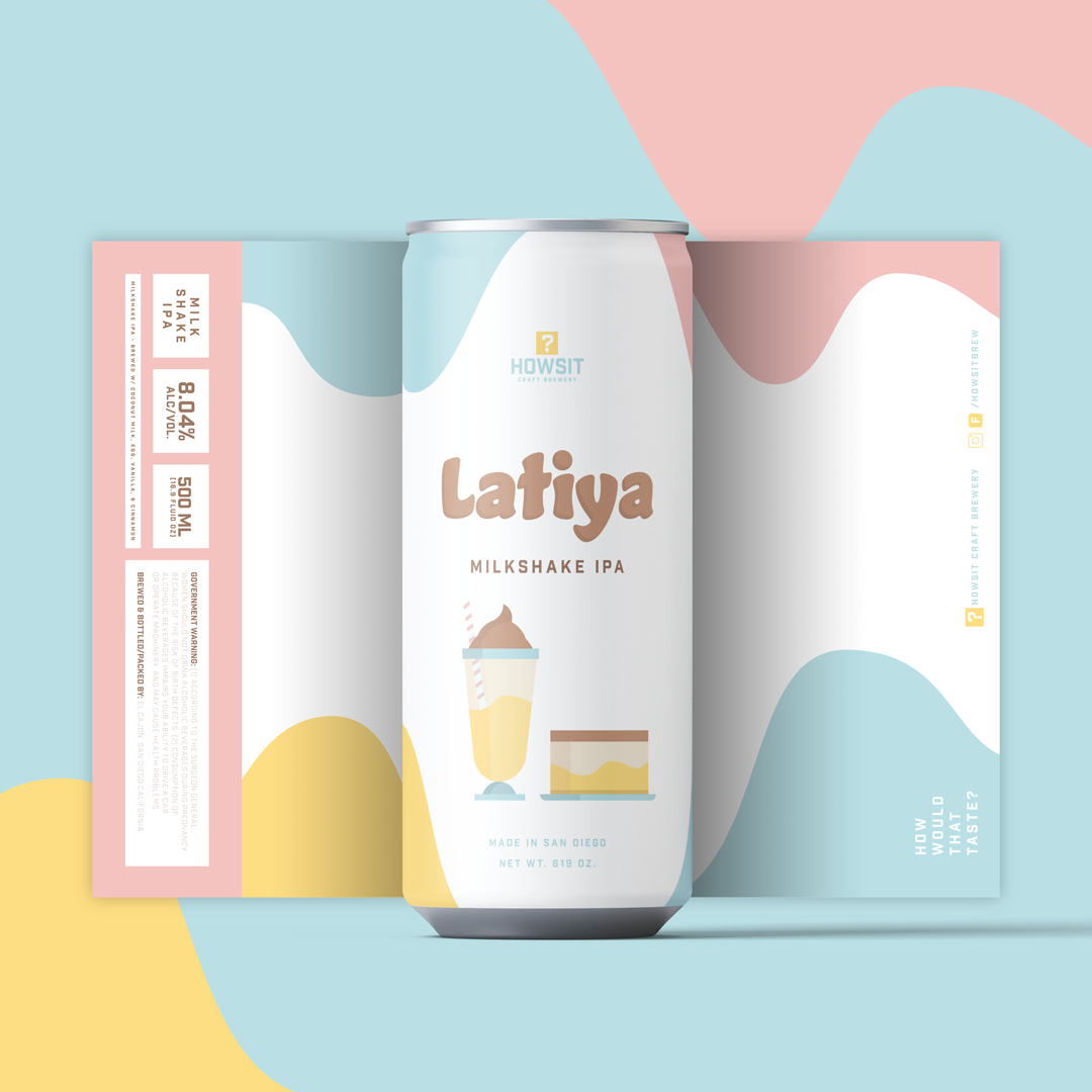 Can or packaging label for Latiya Milkshake IPA craft beer with pastel-colored abstract background.