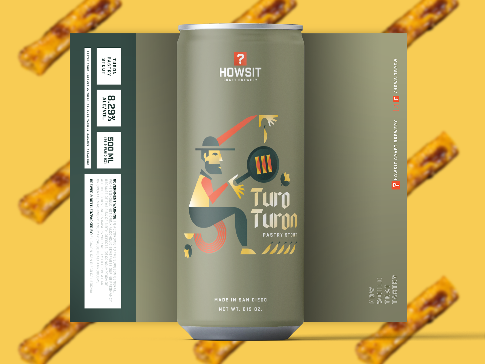 A can of Turo Turon pastry stout beer from Howsit Craft Brewery, made in San Diego, with a stylized illustration of a man grilling, holding a spatula, and surrounded by decorative design elements. The background features a pattern of snack bars.