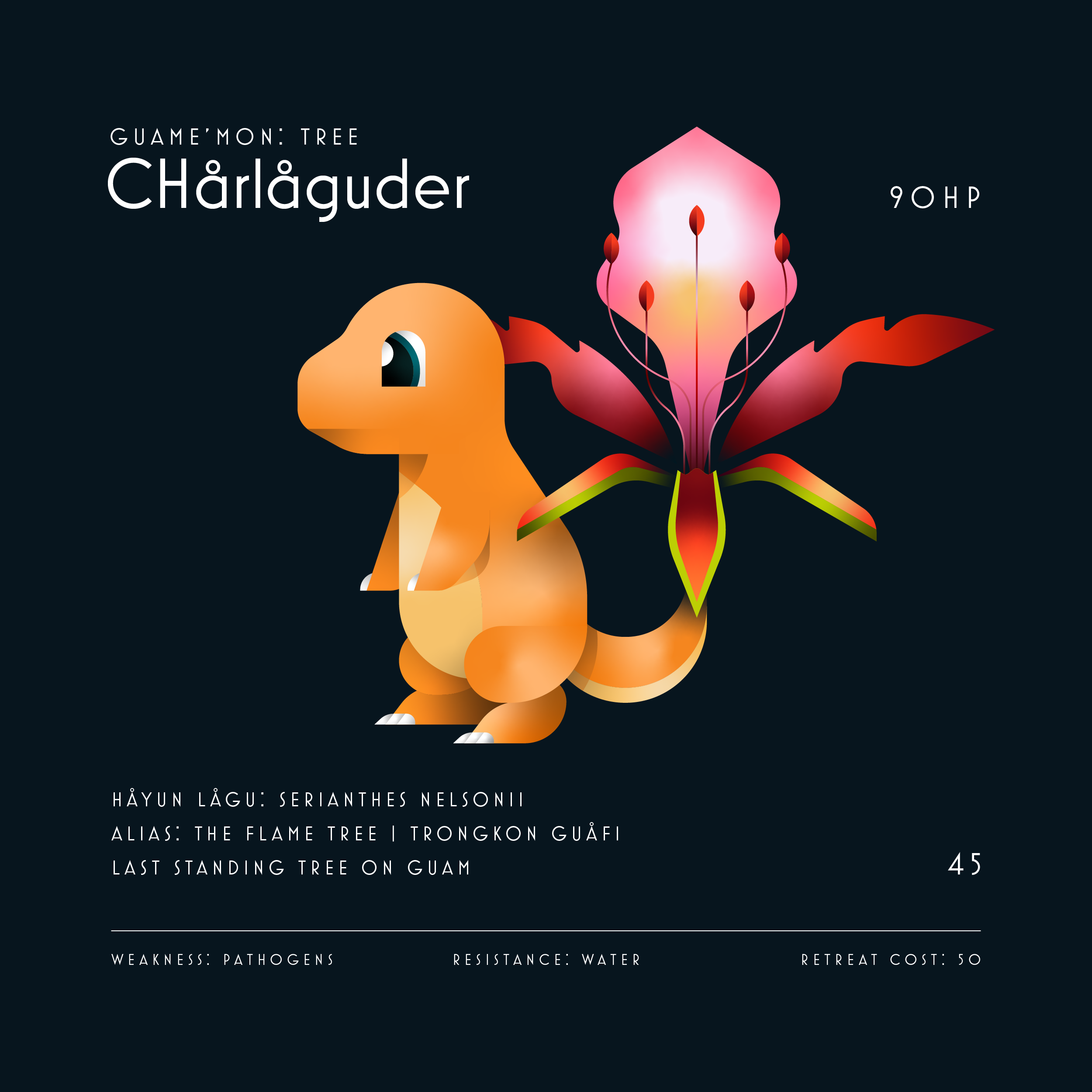 Digital illustration of a mythical creature resembling a fox, with an orange body, large eye, standing on four legs, next to a large, glowing, pink and red, flower-like structure with multiple petal shapes and smaller buds on long stems. The background is dark, and the image includes text and data about the creature.