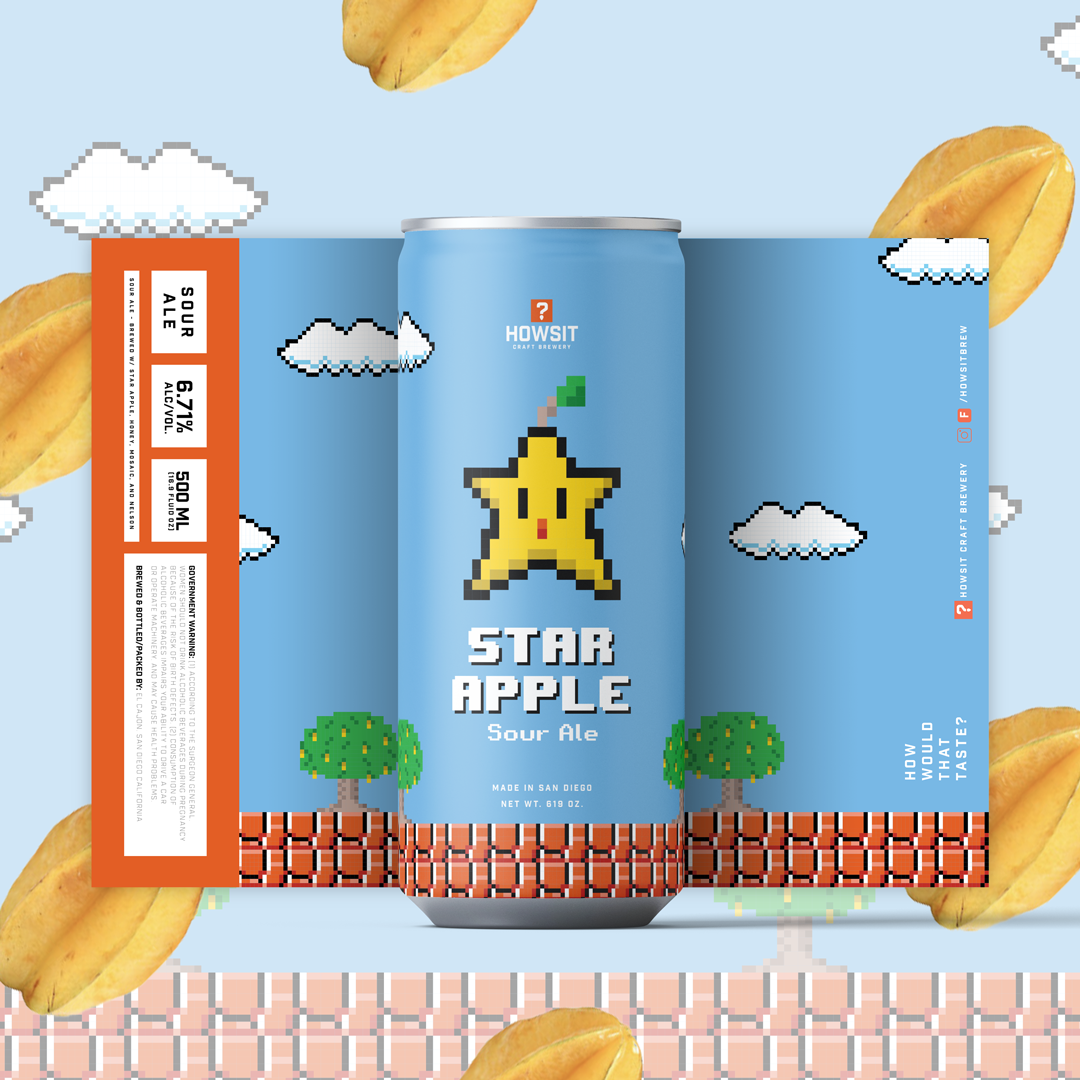 A can of Star Apple sour ale with pixel art graphics including a star with a face, clouds, trees, and a brick-patterned ground on the label, surrounded by mango slices and pixel clouds on a light blue background.