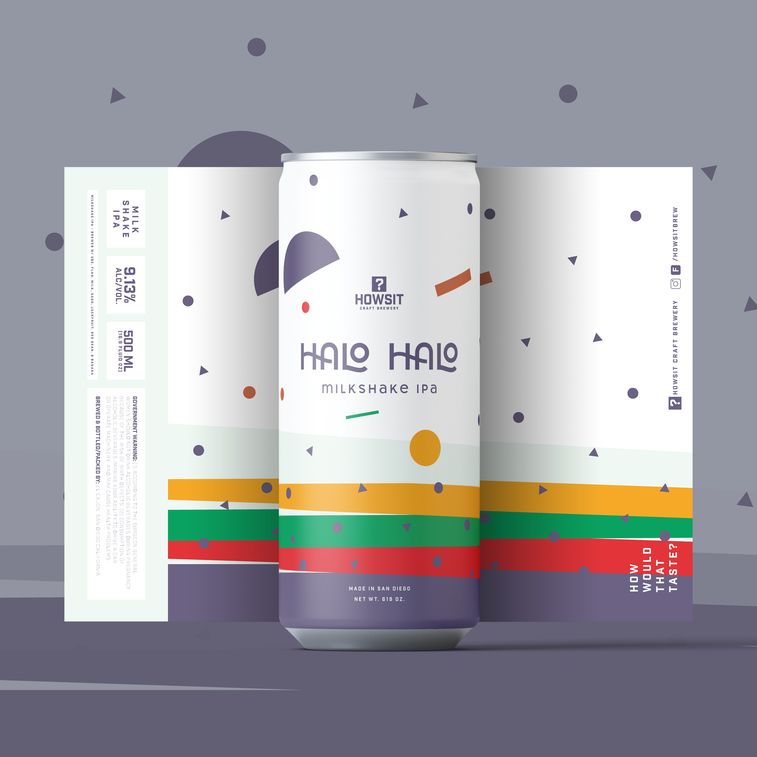 A can of Howsit craft brewery Milkshake IPA with a minimalist design, featuring purple, orange, and green geometric shapes on a white background, placed on a gray surface with a gray background.