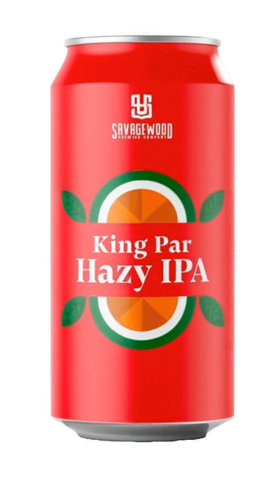 A red aluminum can of King Par Hazy IPA beer with a label featuring green leaves and an orange slice, along with the brand name Savagewood.