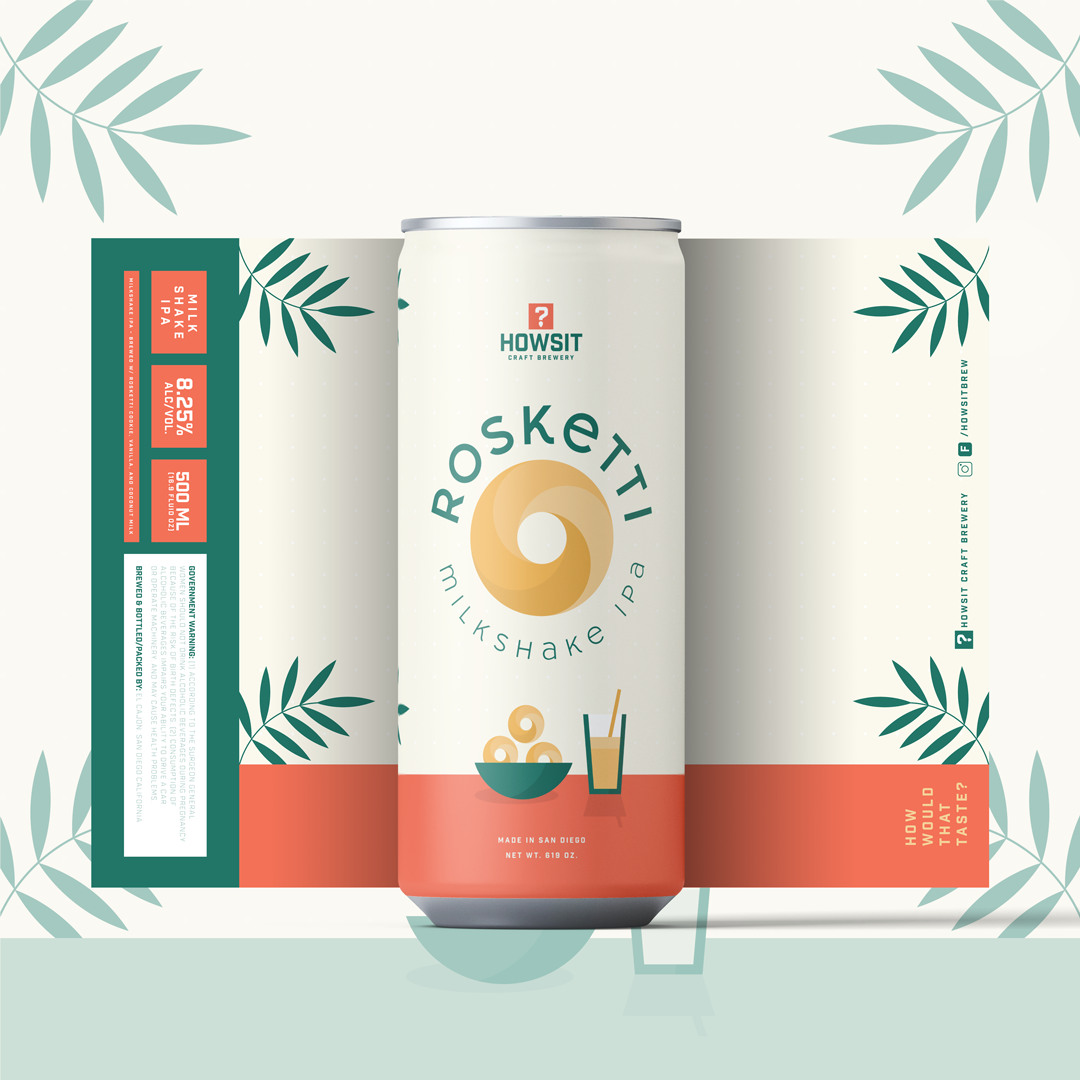 A can of Rosketi Milkshake IPA beer with a background that includes green leaves and design elements, featuring graphics of a bowl of balls and a glass of beer with straw, and text indicating flavor, alcohol content, and size.