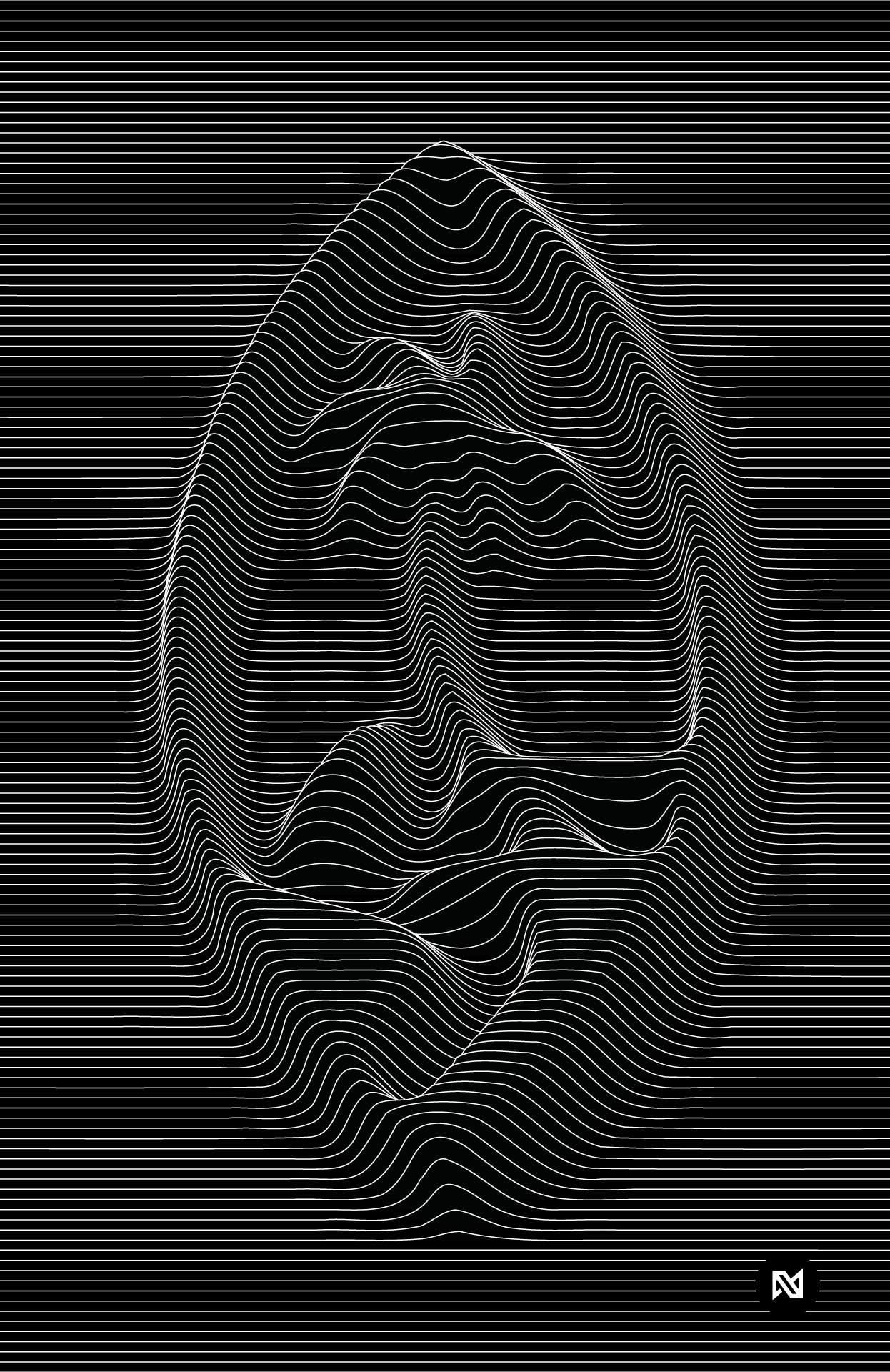 Black background with white abstract line art outlining mountain peaks and valleys, creating a topographic map effect.
