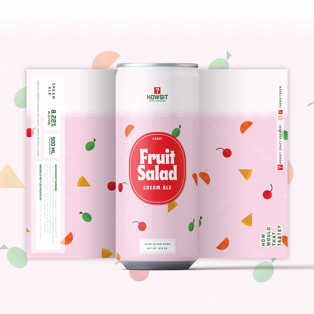A can of Fruit Salad Cream Ale beer from How Sit Craft Brewery. The can features a pink background with small fruit illustrations, a red label with white text, and additional information about the beer on the sides.