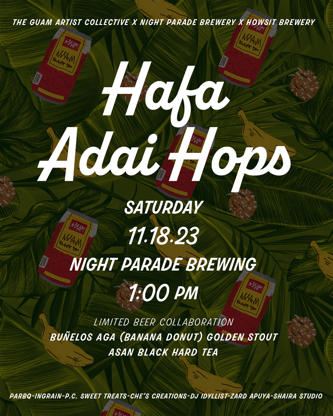 An event poster with a green leafy tropical background featuring illustrations of banana bananas, cookies, and cans of ashaka. The text announces hues of Hapa, a Saturday event on November 18, 2023, at 1:00 PM, including a limited beer collaboration with various beer names and a special drink.