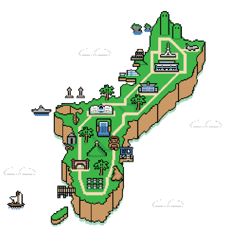 Pixel art map of the island of Guam with landmarks and key locations.