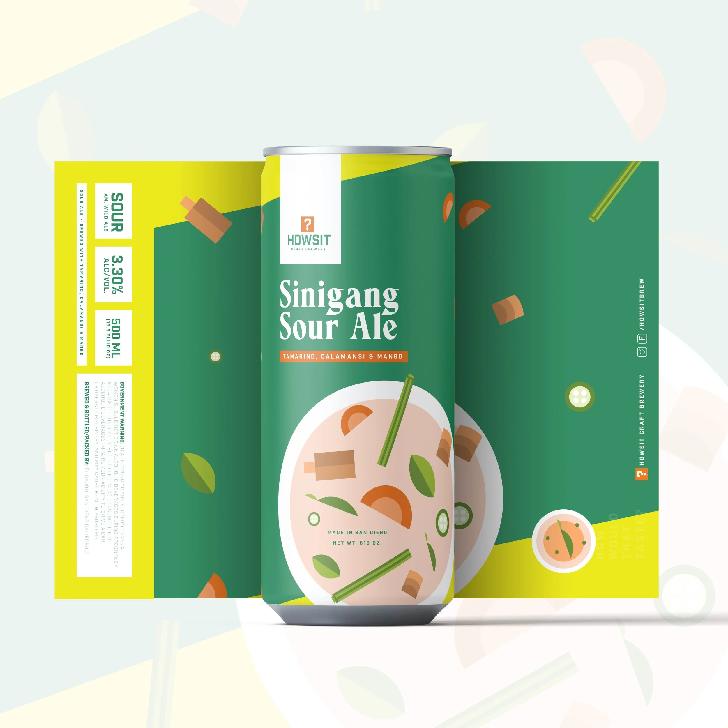 Can of Sinigang Sour Ale with tamarind, calamansi, and mango flavor, alongside the packaging box, indicating it is made in San Diego, with net weight of 619 ounces.