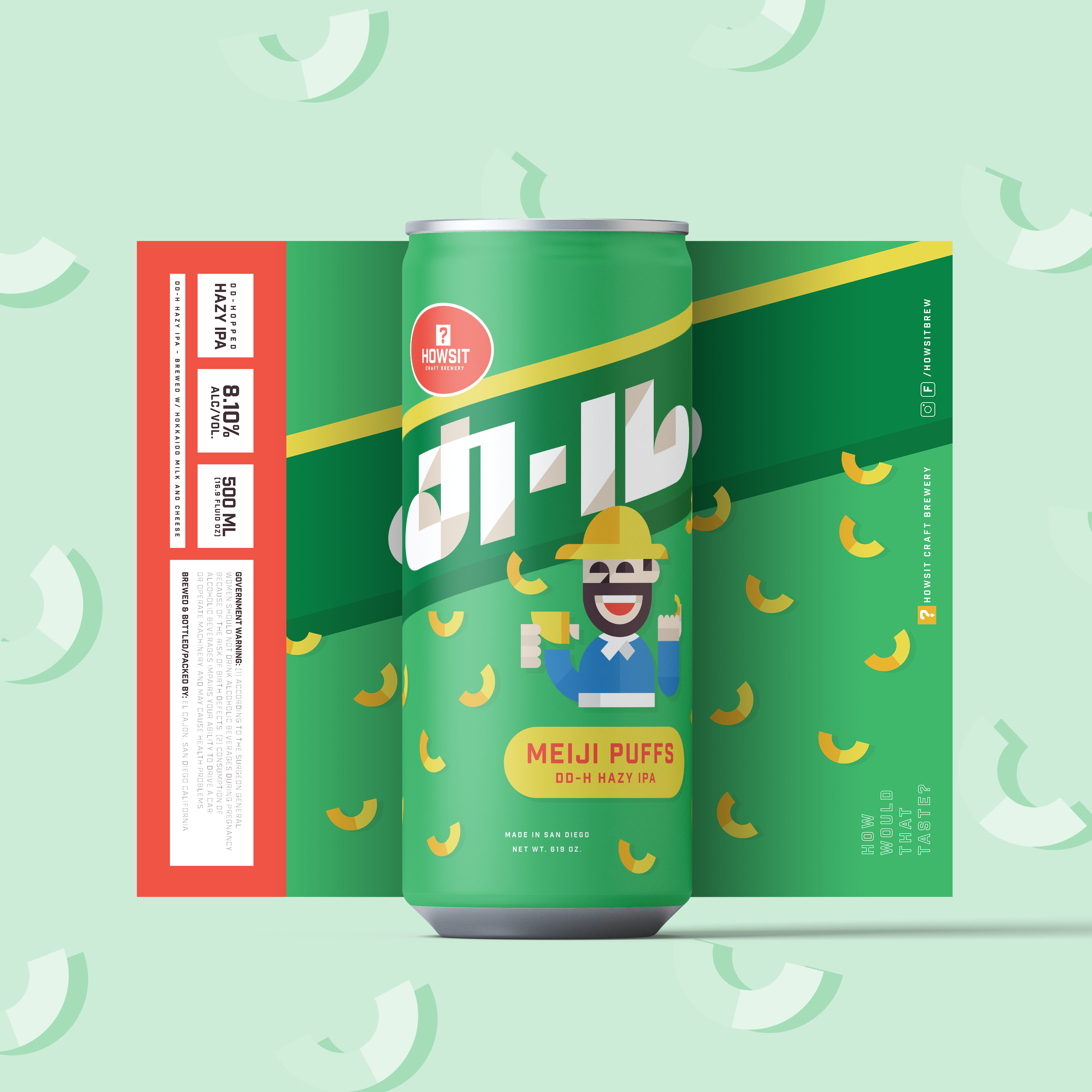 A can of Meiji Puffs DD-H Hazy IPA craft beer placed in front of the product box with a light green background featuring abstract lemon slices.