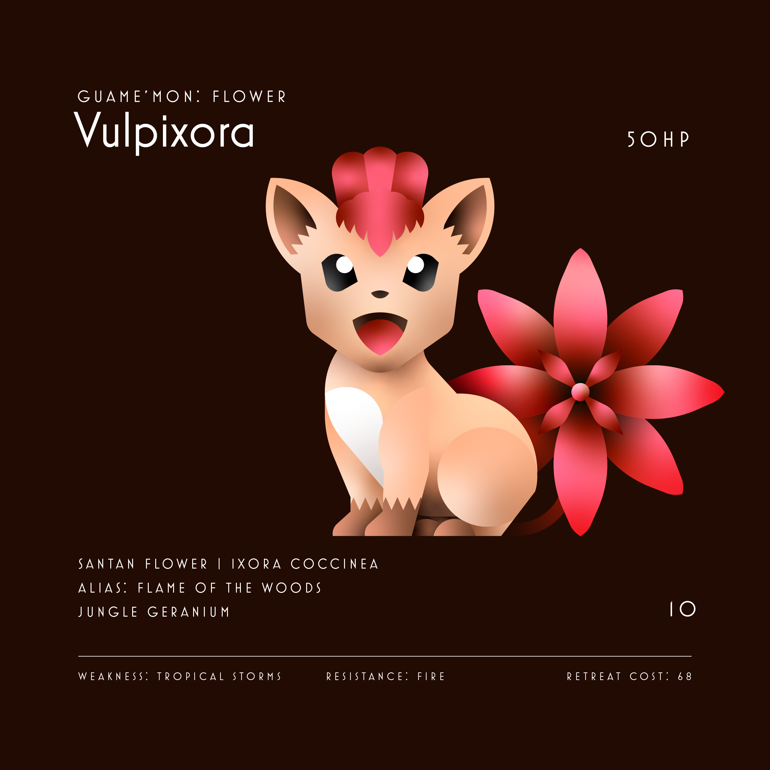 Digital illustration of a cute cartoon deer with large black eyes and pink and brown coloring, surrounded by red and pink flowers, set against a dark background with botanical and descriptive text.