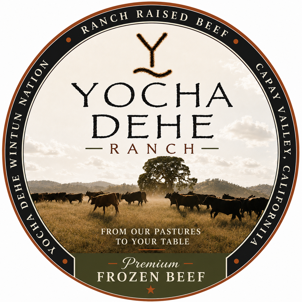 Label for Yocha Dehe Ranch premium frozen beef featuring a pastoral scene with cattle grazing, a large tree, rolling hills, and a partly cloudy sky, with text indicating the beef is raised and processed in California from pasture to table.