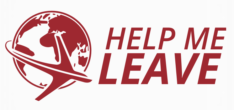 Help Me Leave Logo. It has a white background with a dark red globe with an airplane shown circling the earth. On the right, it says "HELP ME LEAVE"