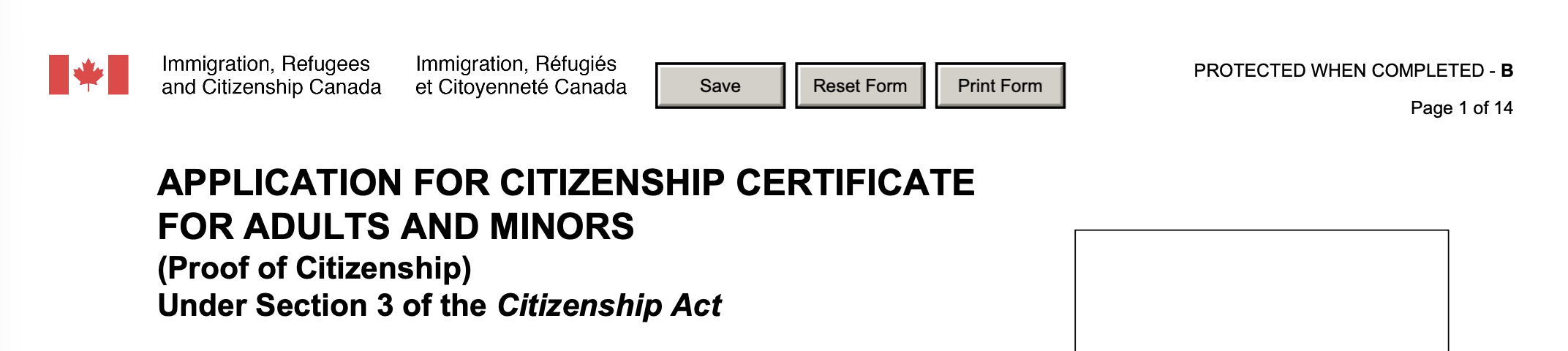 A screenshot of the top of a Canadian government form titled "Application for Citizenship Certificate for Adults and Minors <Proof of Citizenship" Under Section 3 of the Citizenship Act