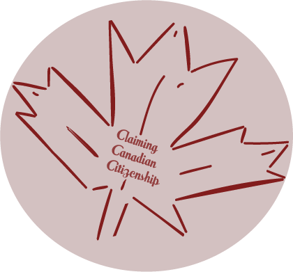The site’s logo is a dusty pink circle enclosing a dark red sketched maple leaf with “Claiming Canadian Citizenship”