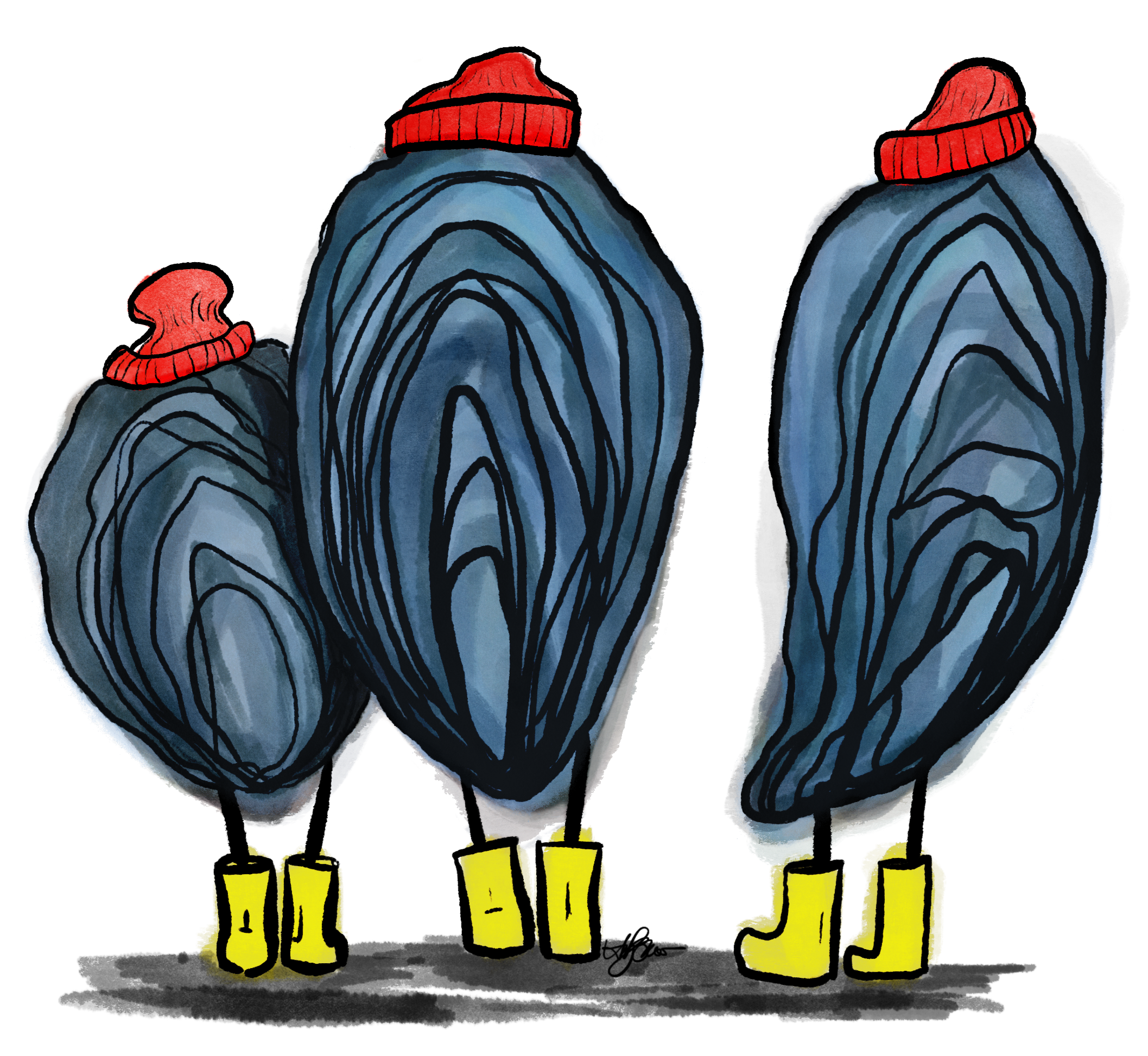Colorful drawing of three mice wearing red hats and yellow rain boots, standing in a row facing away.