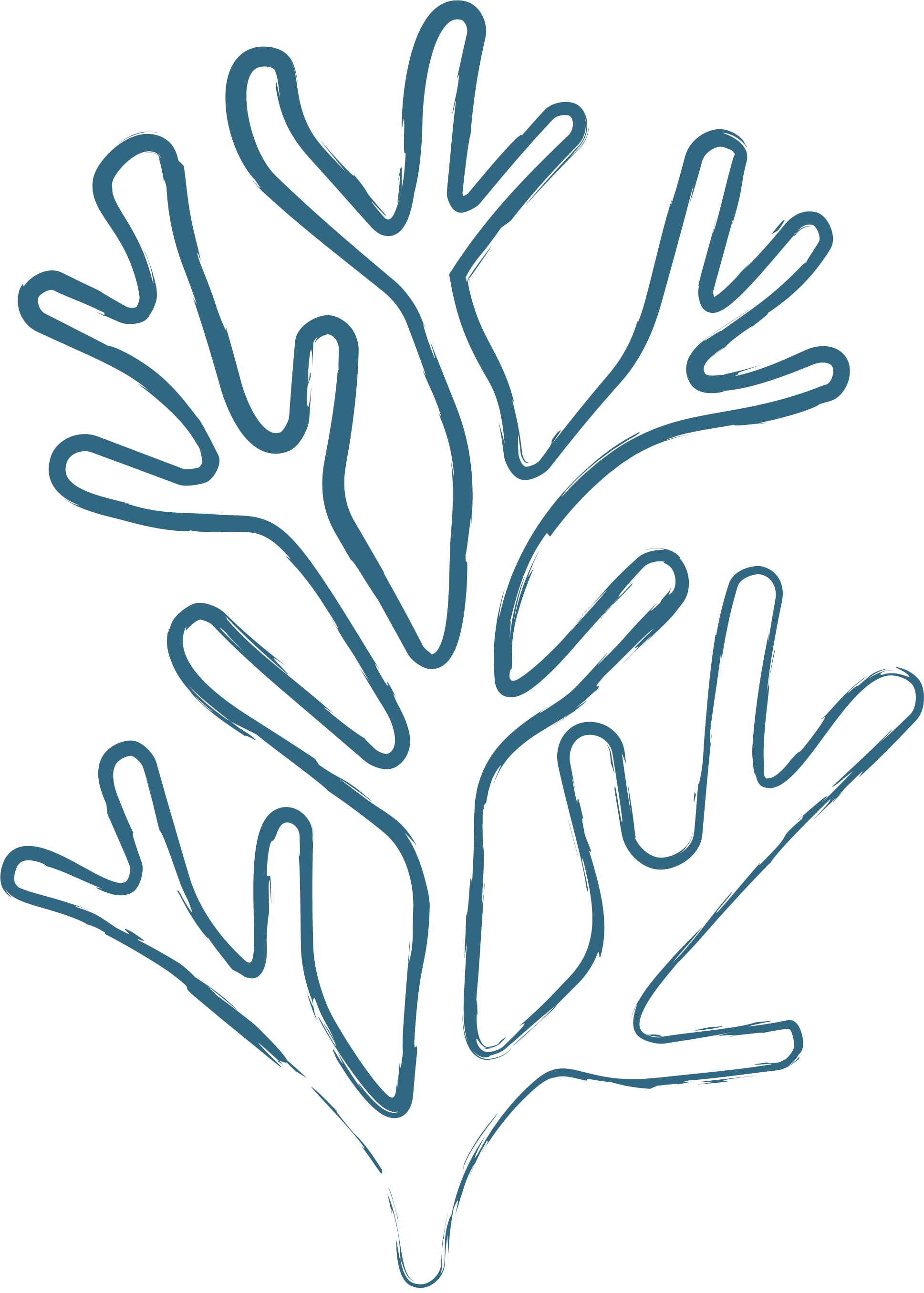 A blue line art illustration of multiple hands stacked on top of each other, symbolizing unity and teamwork, set against a black background.