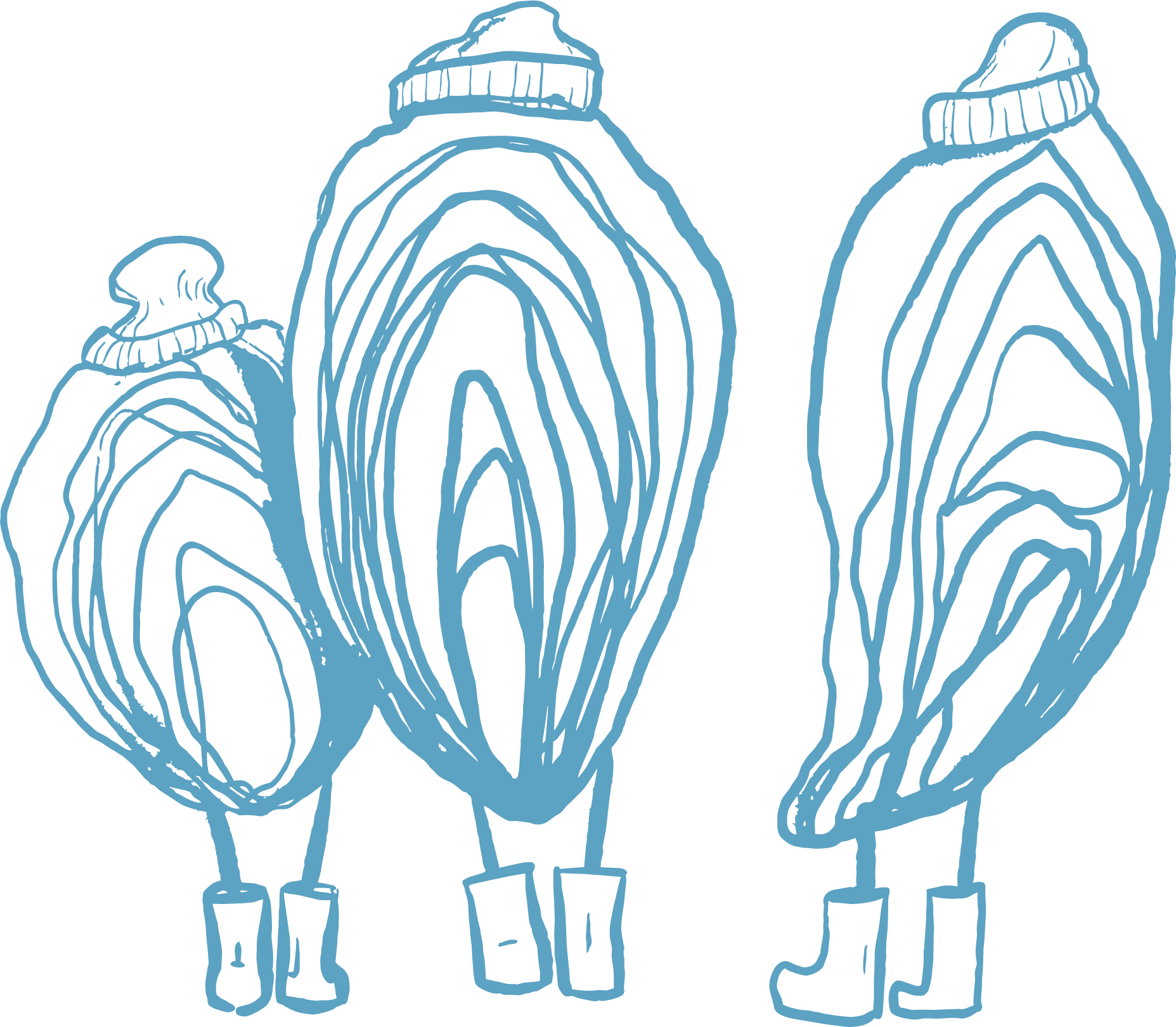 Line drawing of three trees with large trunks and rounded, cloud-like tops, in blue on a black background.