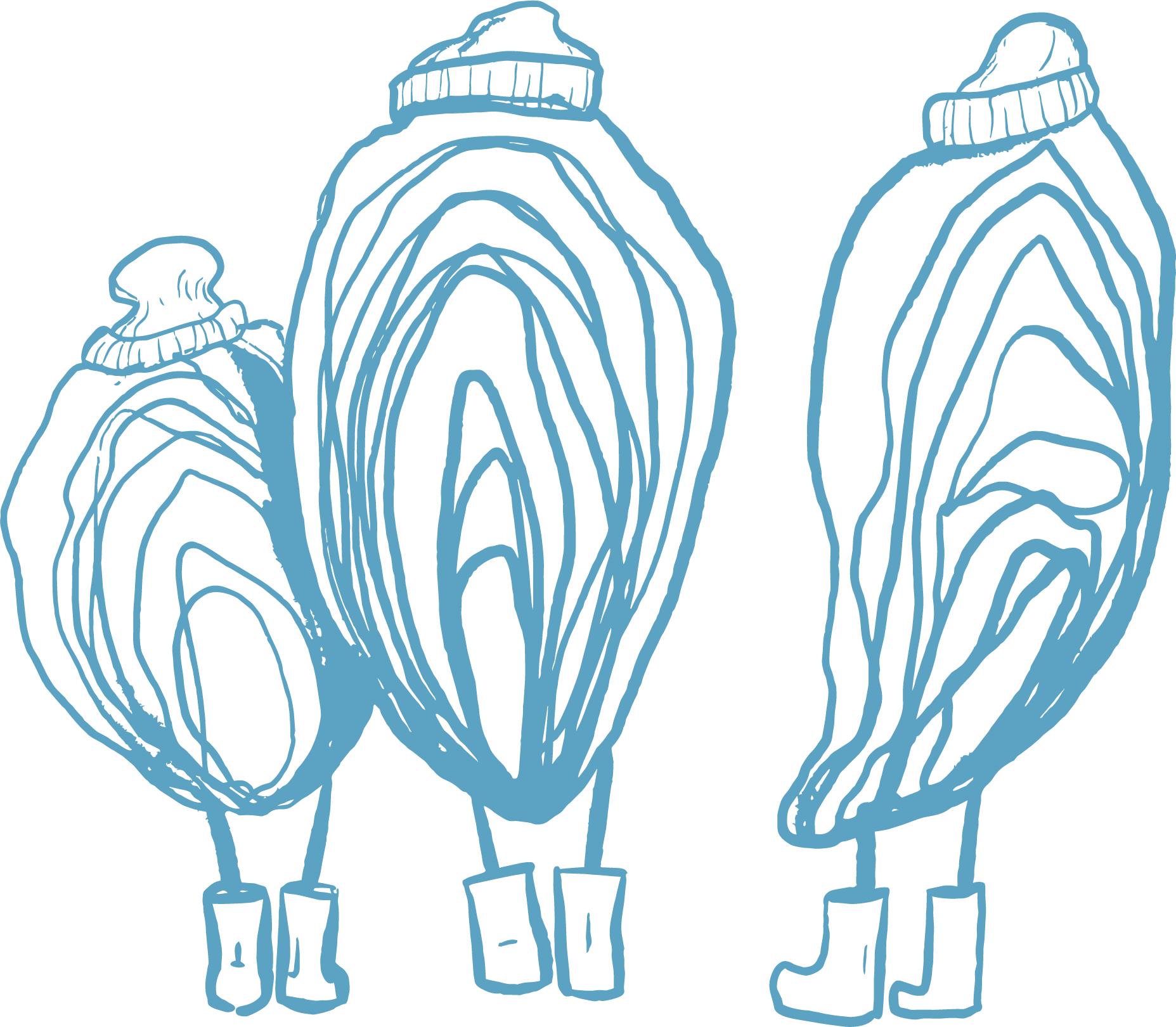 Outline drawing of a tree with multiple branches, each wearing a winter hat, against a black background.