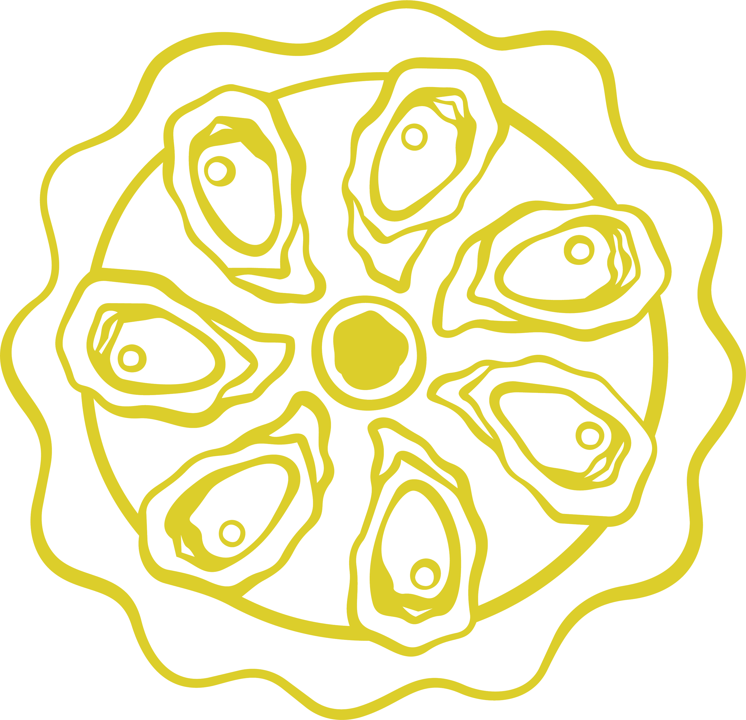 Yellow line drawing of a head of cauliflower with intricate contours.