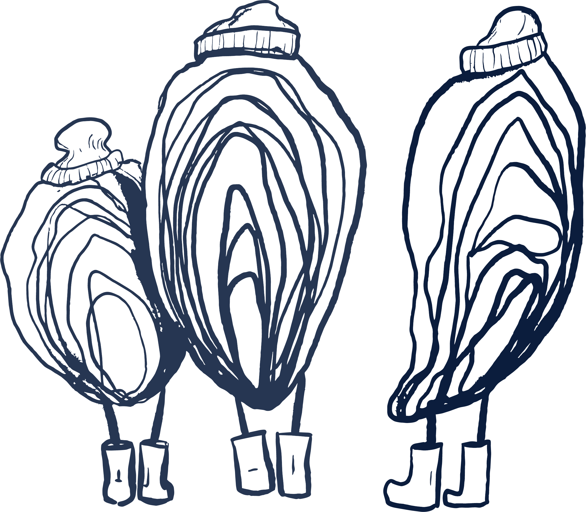 Illustration of three large logs with visible growth rings and knots, wearing knit hats and standing on beach chairs, set against a black background.