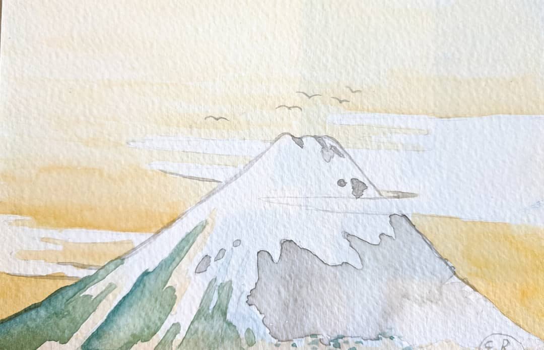 Watercolor painting of Mount Fuji with a few birds flying in the sky.