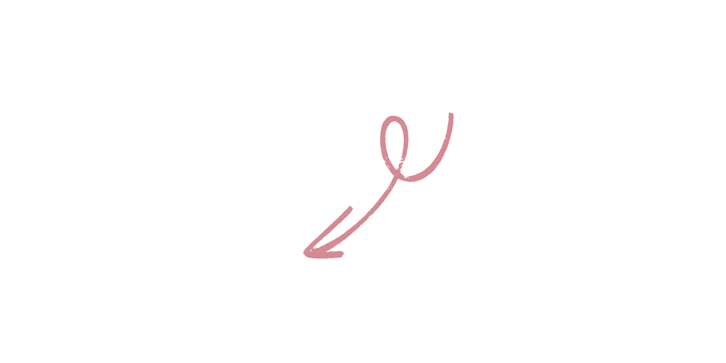 Pink cursive arrow pointing to social media account.