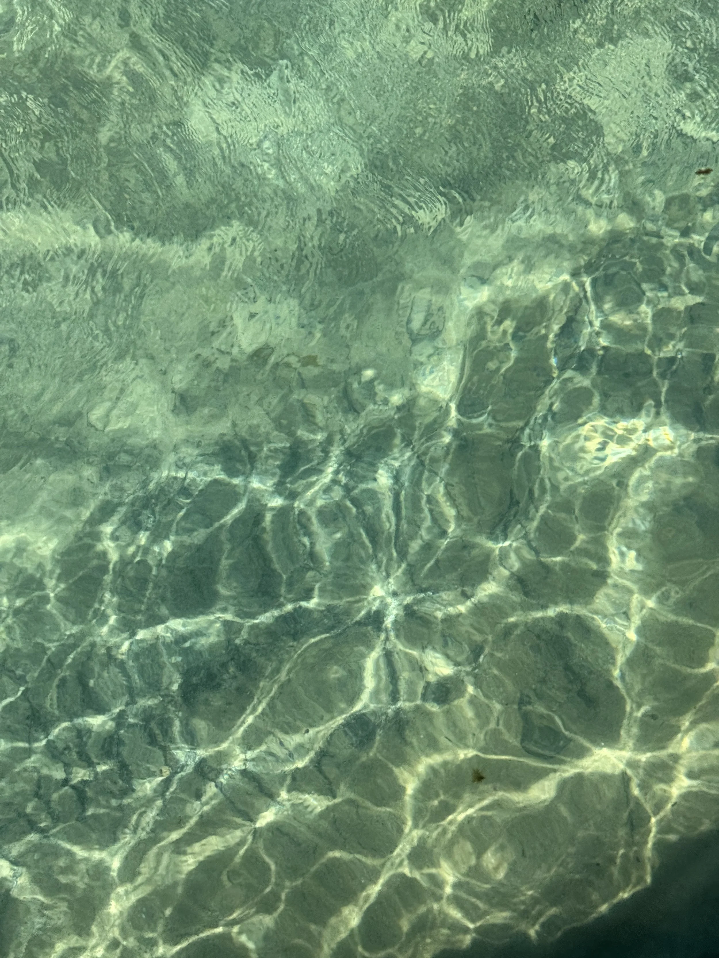 Clear green water with sunlight reflecting and ripples on the surface.
